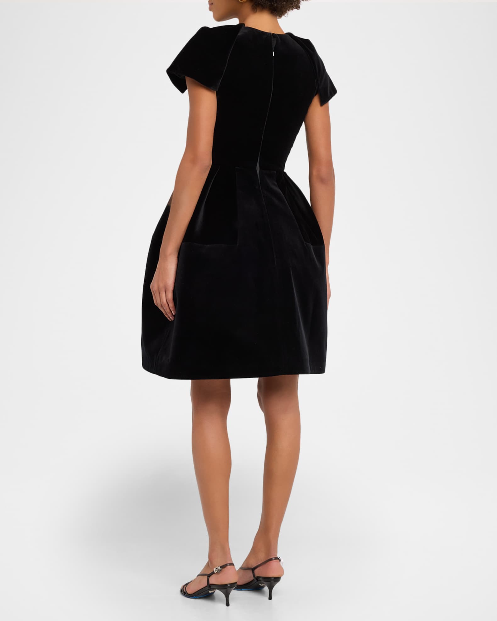 Dice Kayek Pleated Velvet Short-Sleeve Fit-&-Flare Dress, Black, Women's, 4, Cocktail & Party Wedding Guest Dresses A-Line Dresses