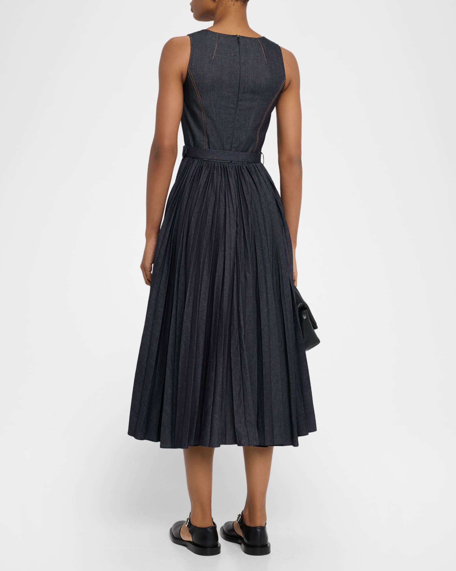 Dice Kayek Sleeveless Pleated Denim Midi Dress With Belt, Blue, Women's, 2, Casual & Work Dresses Day Dresses Sundresses