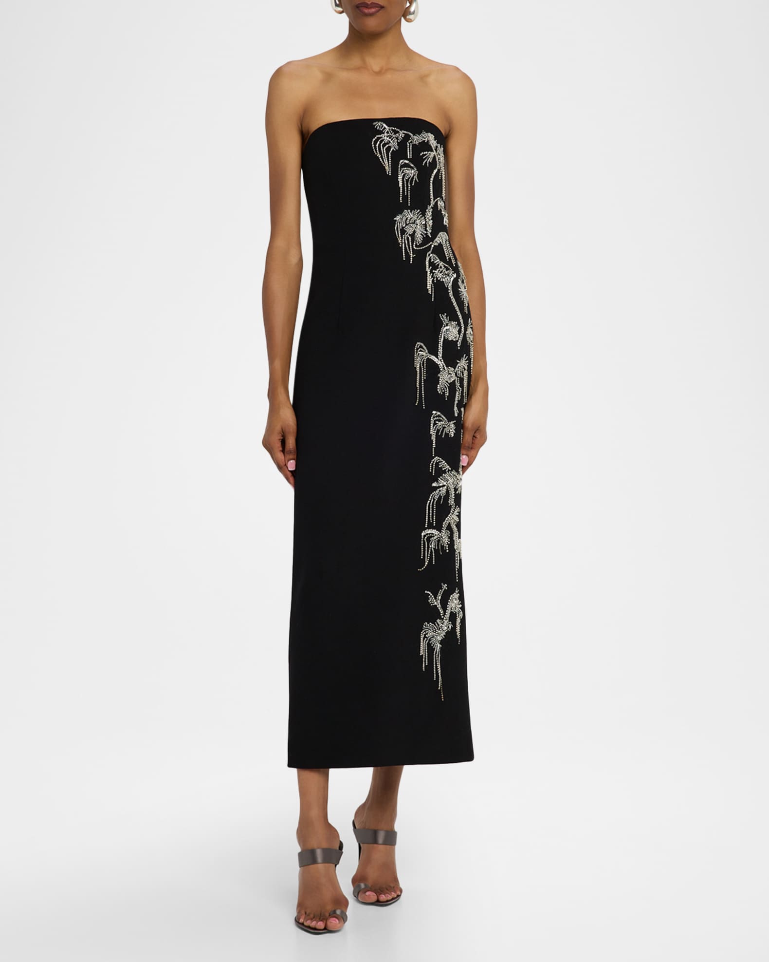 Strapless Crystal Fringe Sheath Midi Dress 1