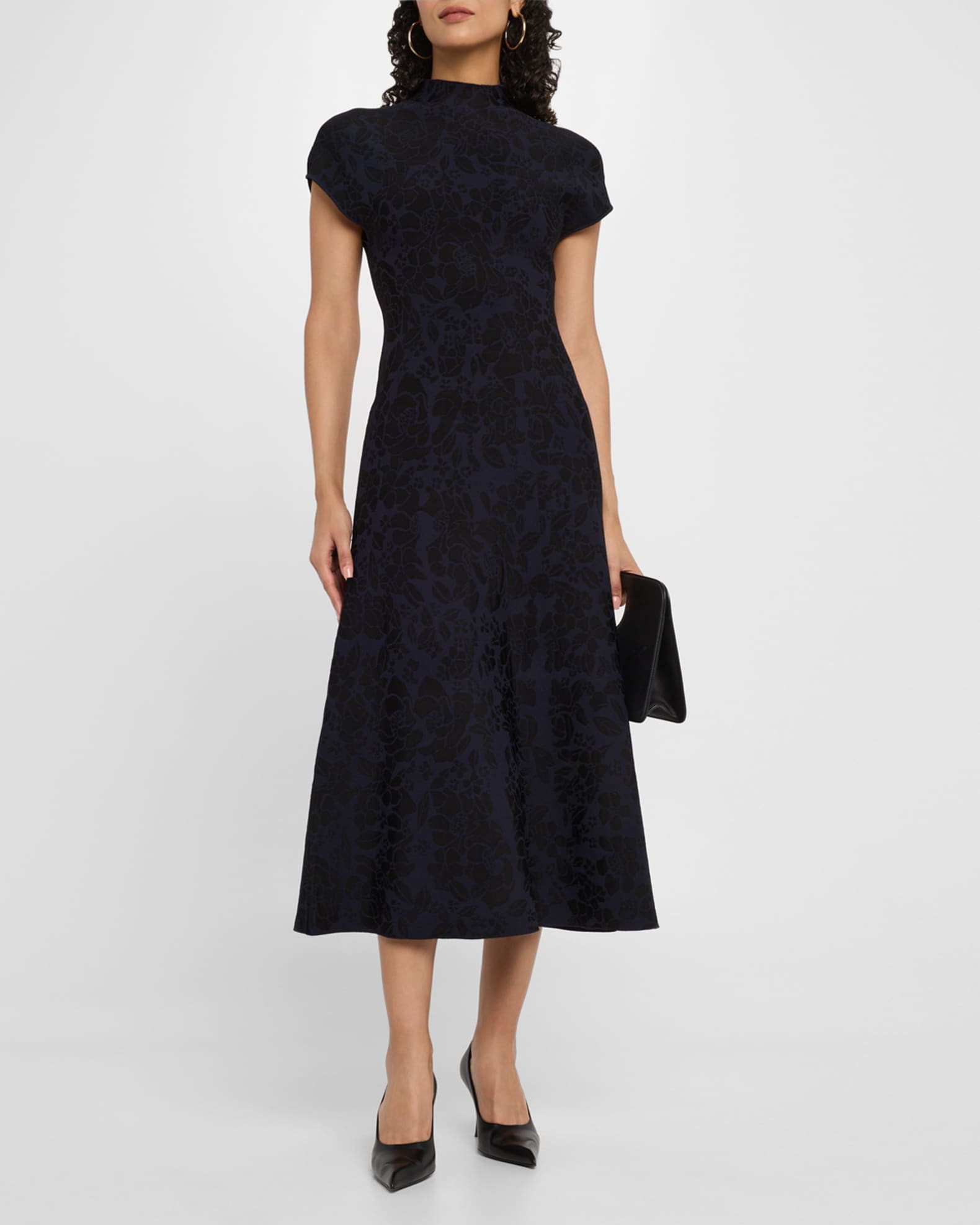 Lela Rose Floral Jacquard Mock-Neck Midi Dress | Neiman Marcus