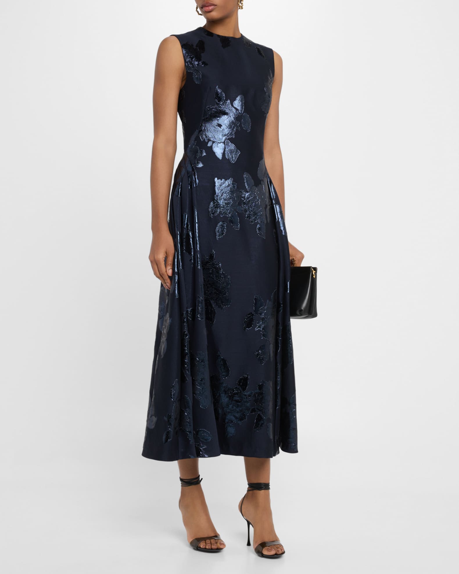 Metallic Floral Jacquard Sleeveless Midi Dress 1