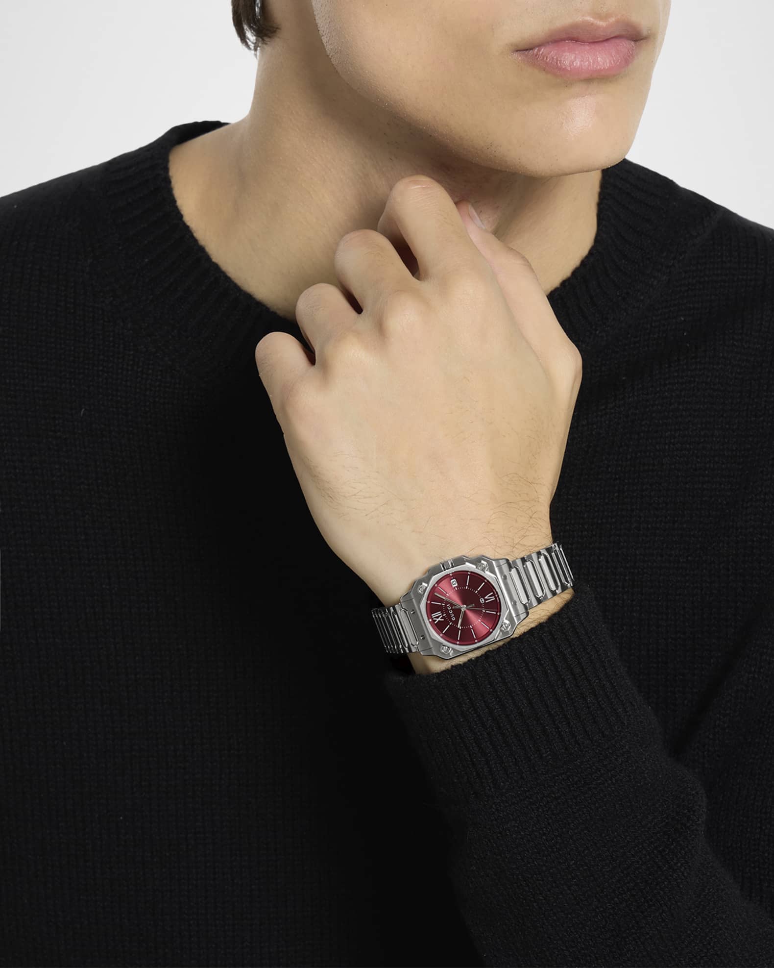 Gucci Men's G-Flat Burgundy-Dial Stainless Steel Bracelet Watch