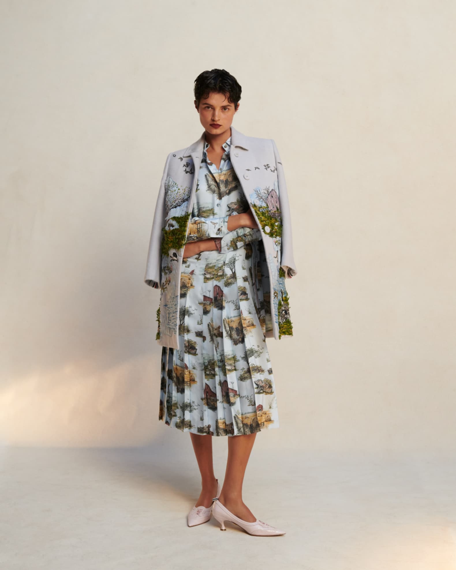 Thom Browne Scenic Toile Silk Twill Pleated Midi Shirtdress With
