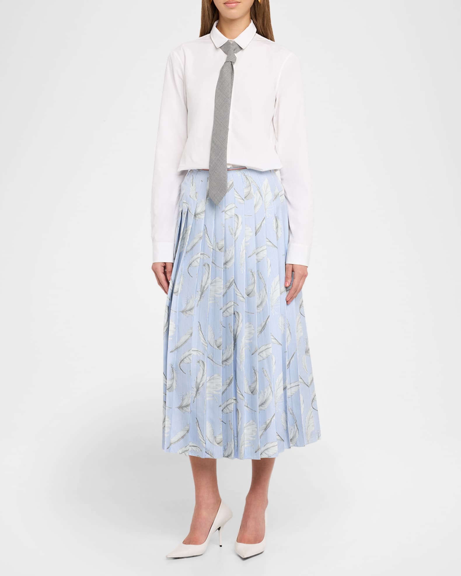 Feather-Print Silk Twill Pleated Midi Skirt 1