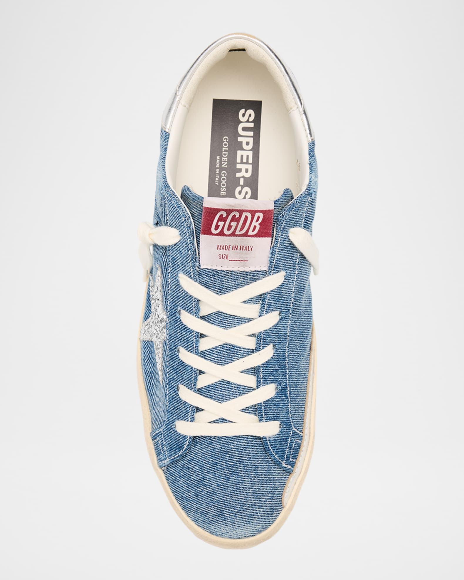 セブンスター  Golden Goose Super Star Sneaker in Blue, White, & Silver