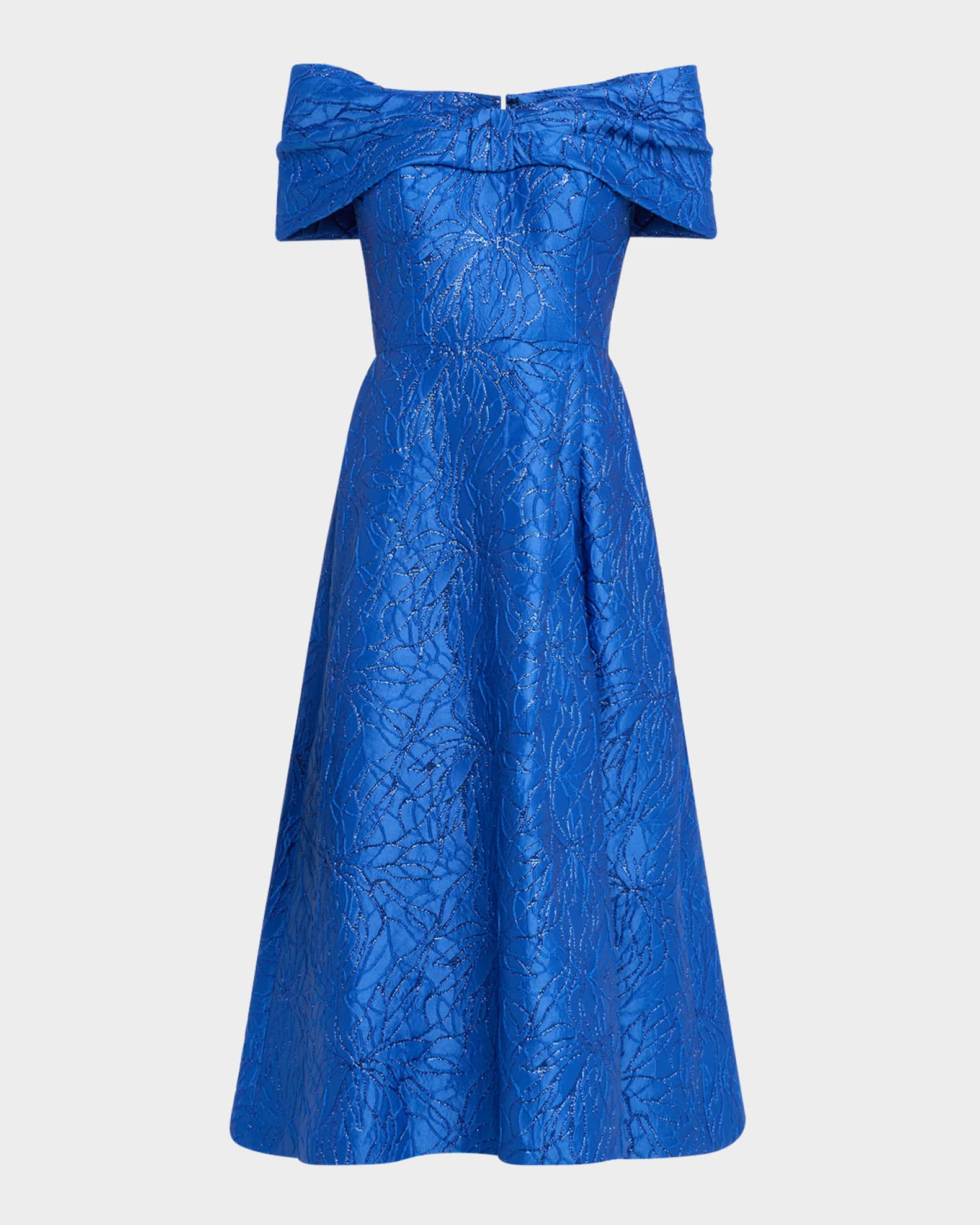Off-Shoulder Floral Jacquard Midi Dress 0