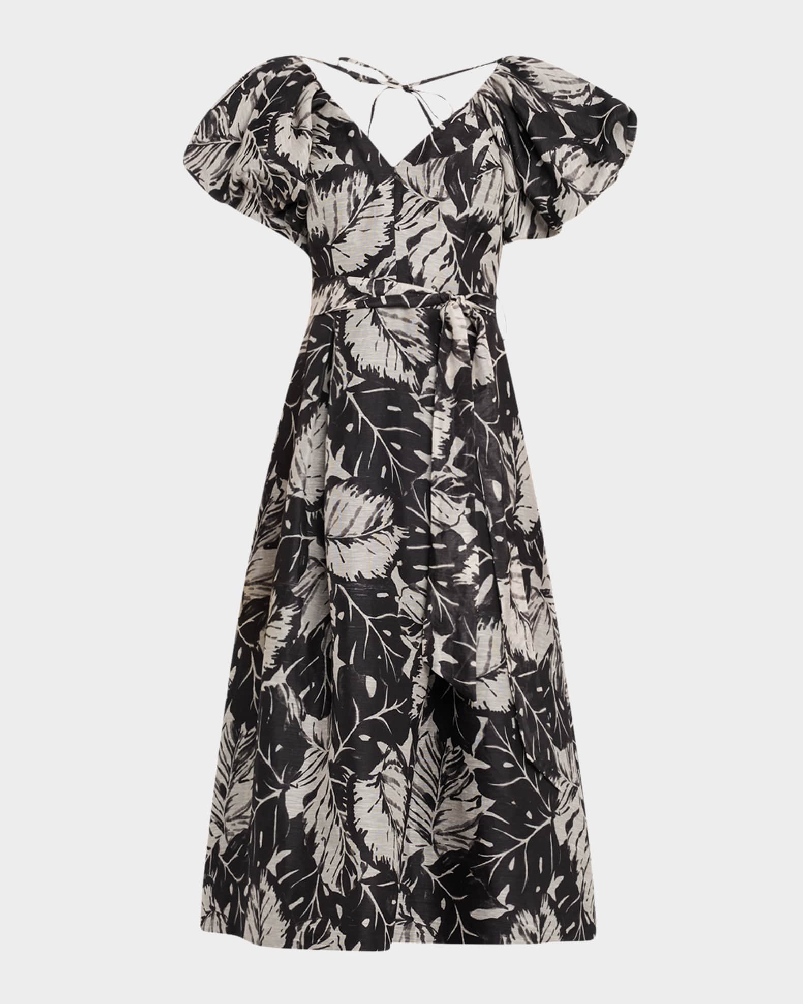 Pleated Botanical-Print Midi Dress 0