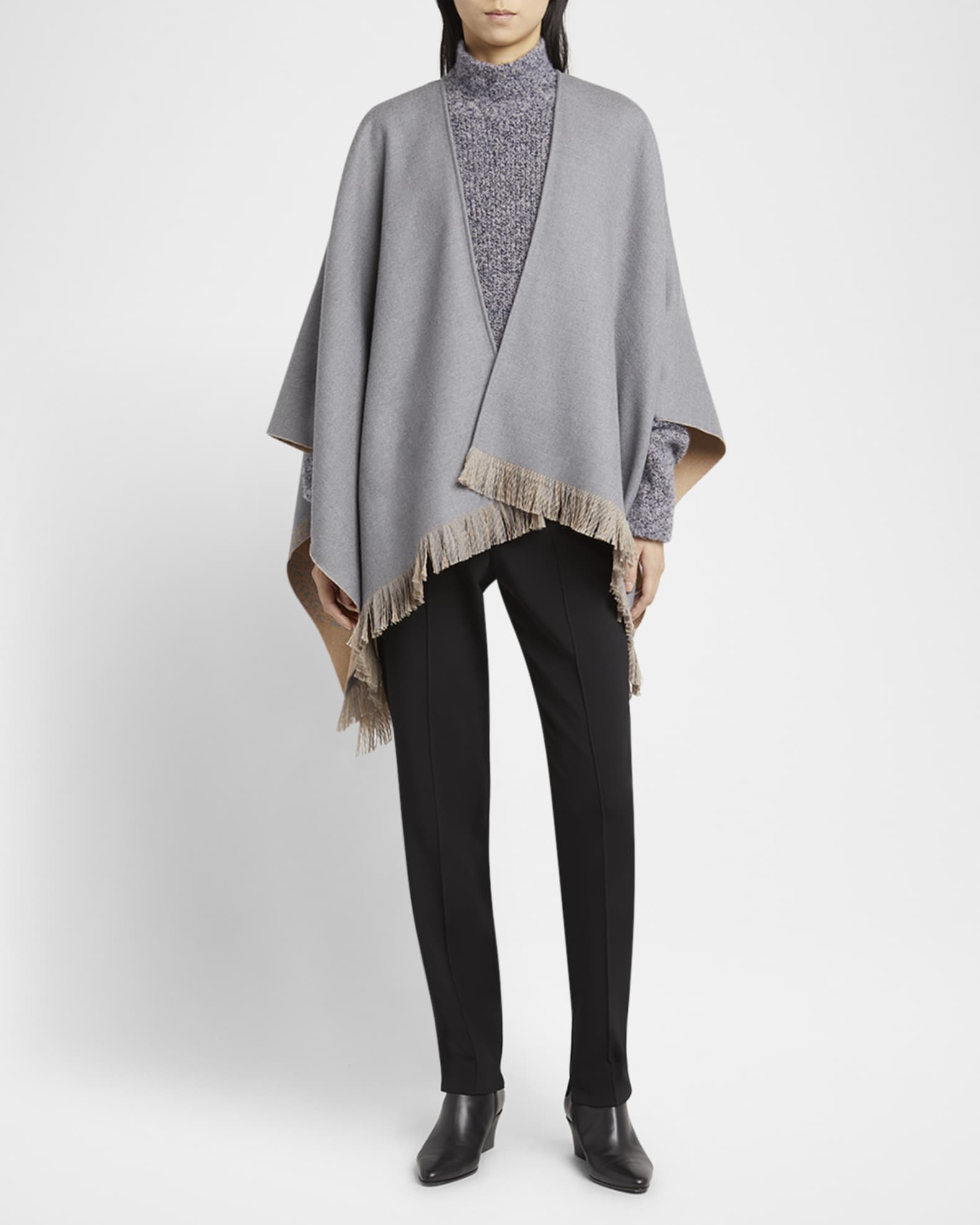 Wool Fringe-Trim Poncho  1