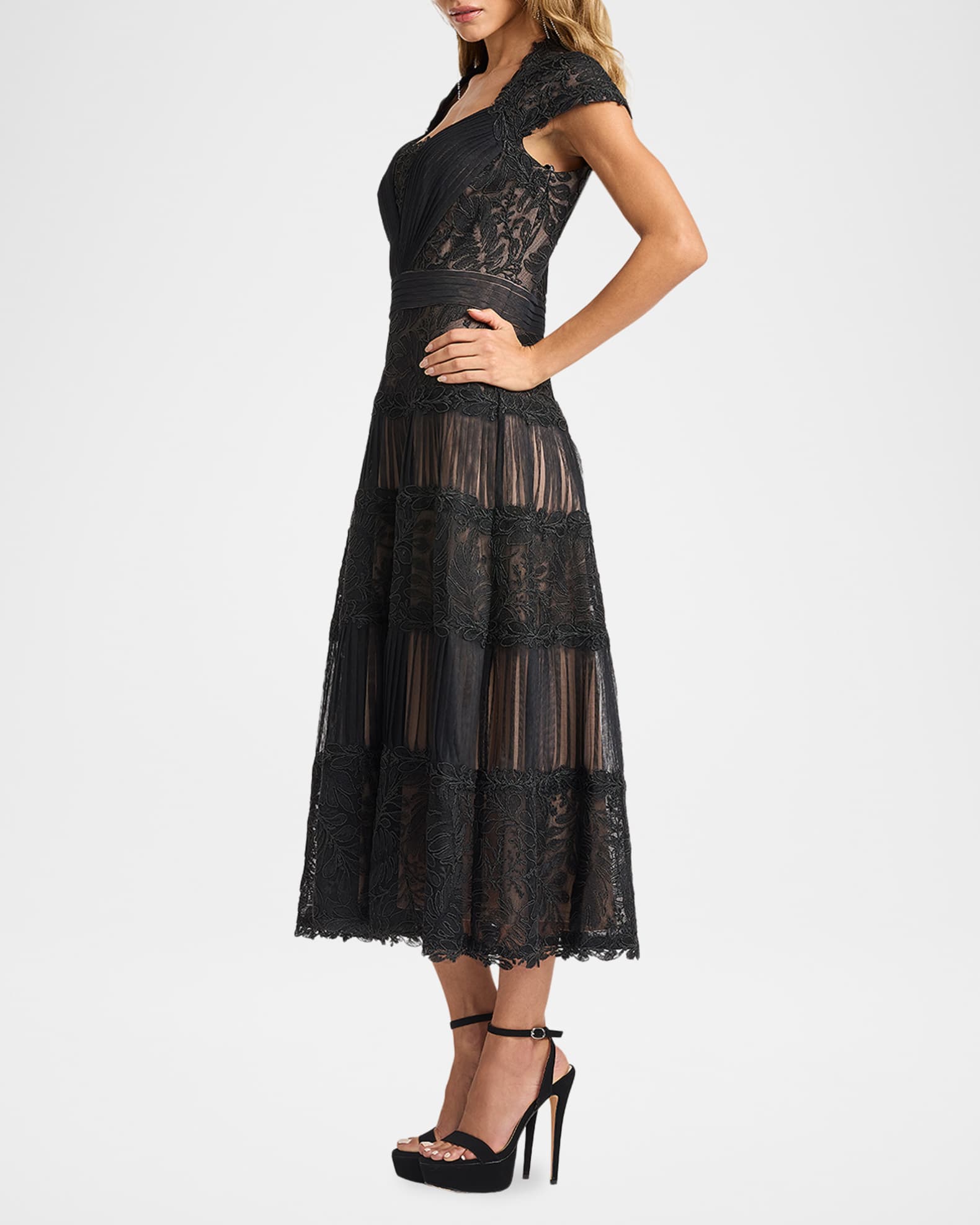 Tadashi Shoji Pleated Mesh & Textured Lace Midi Dress | Neiman Marcus