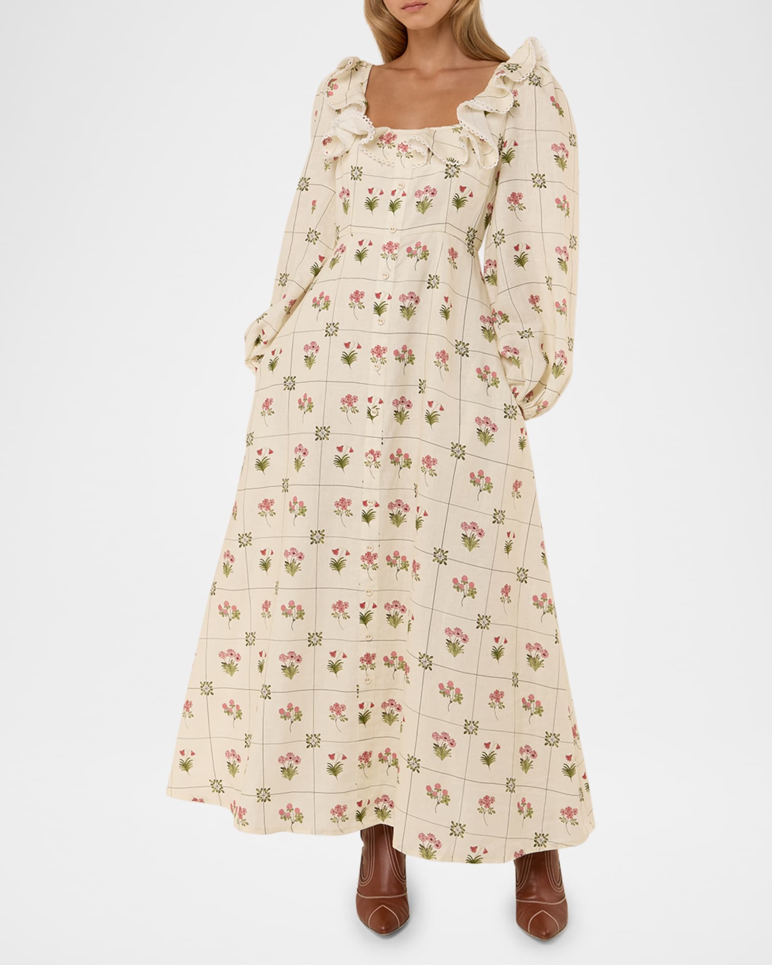 Montana Ruffle Floral-Print Linen Maxi Dress 1