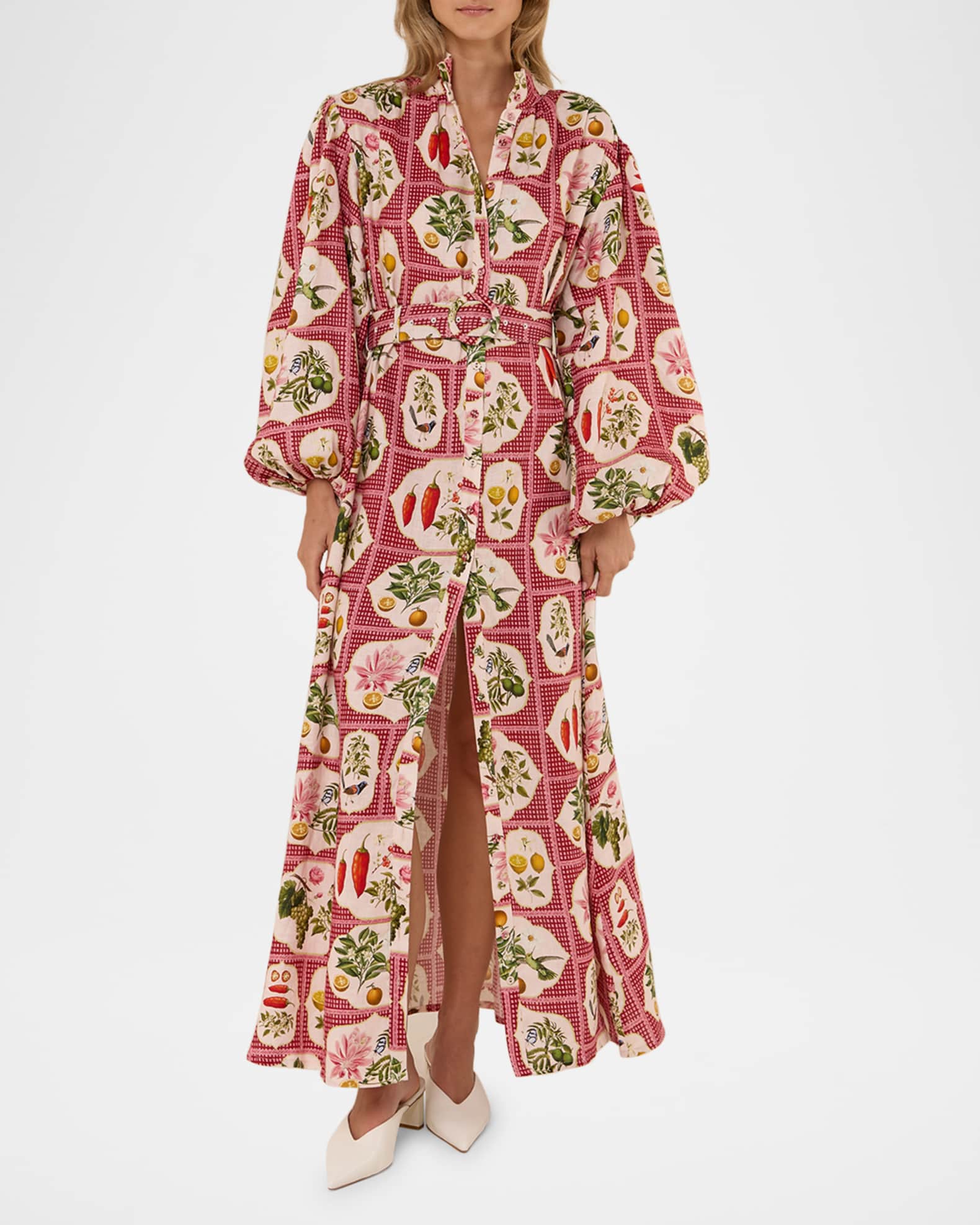 Noddy Belted Tile-Print Linen Maxi Shirtdress 1