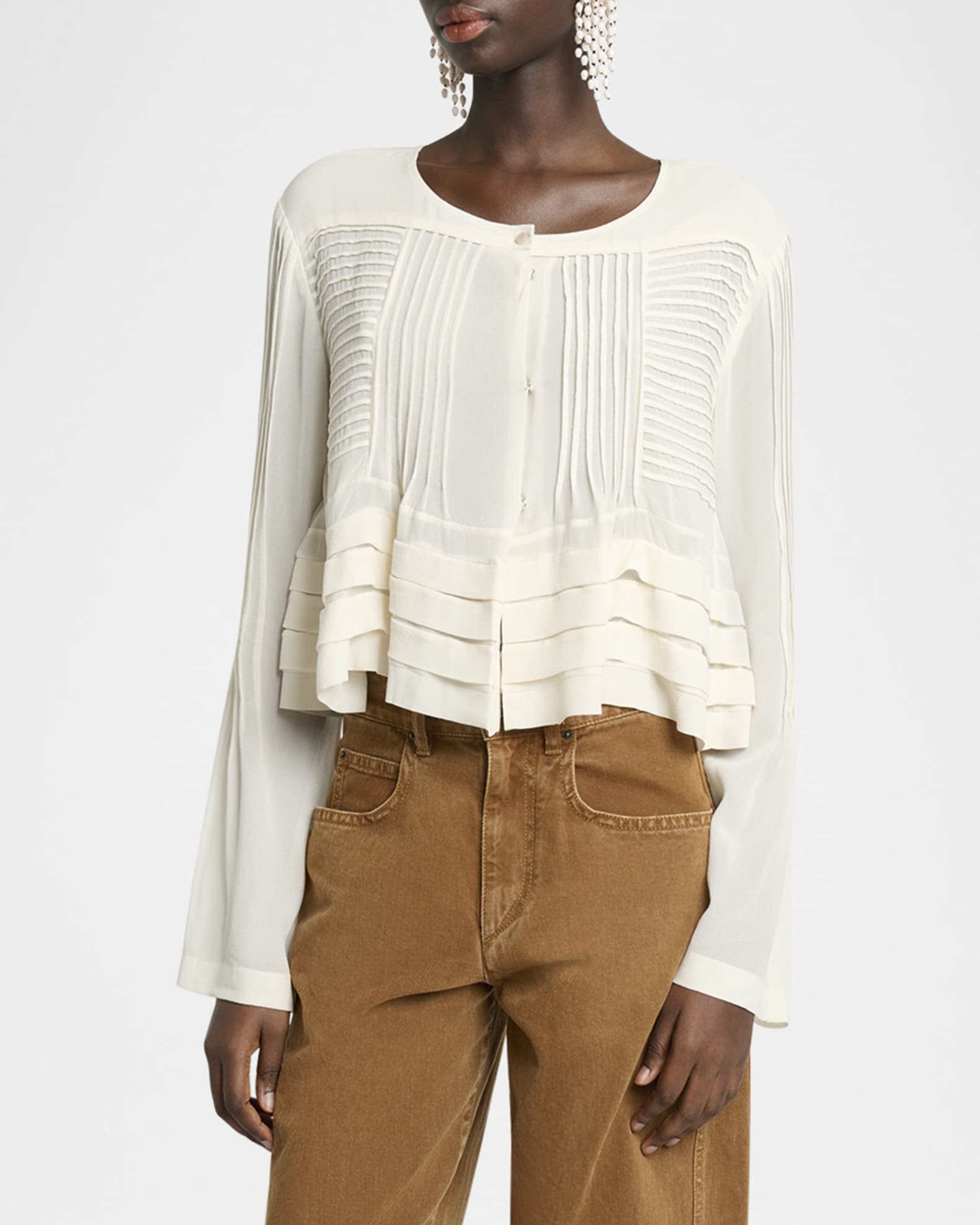 Isabel Marant Carolia Pleated Ruffle Crop Silk Blouse