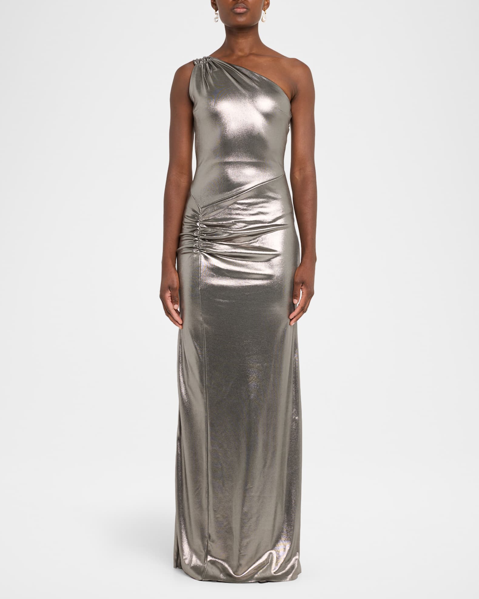 Ruched One-Shoulder Metallic Jersey Gown 1