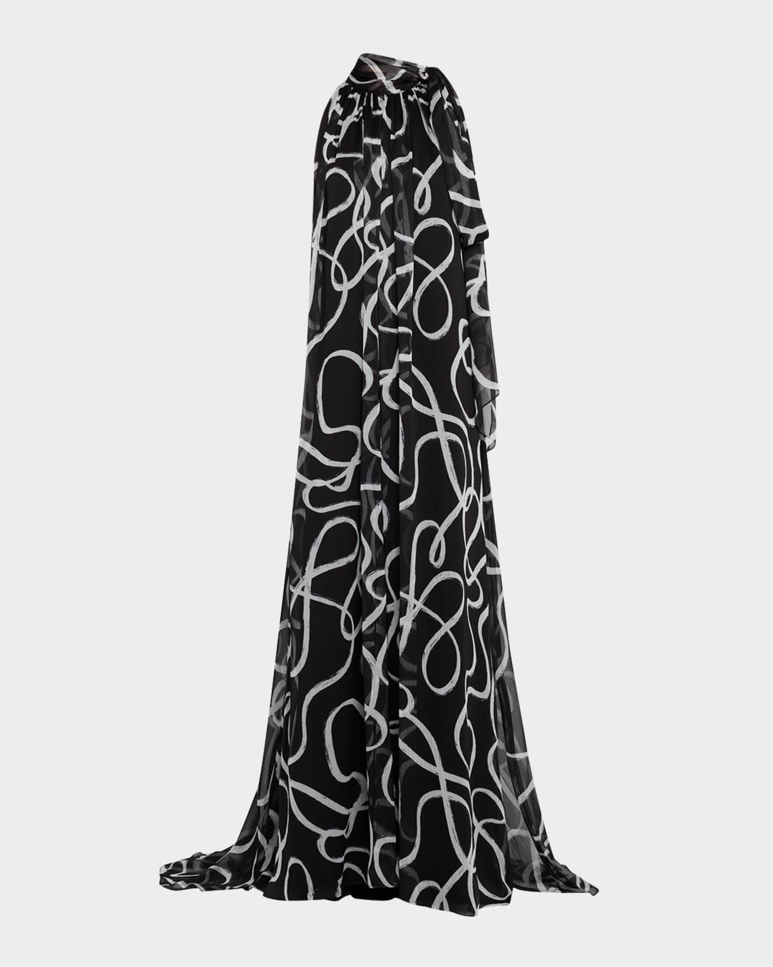 Lyle Brushstroke-Print Chiffon Halter Gown 0
