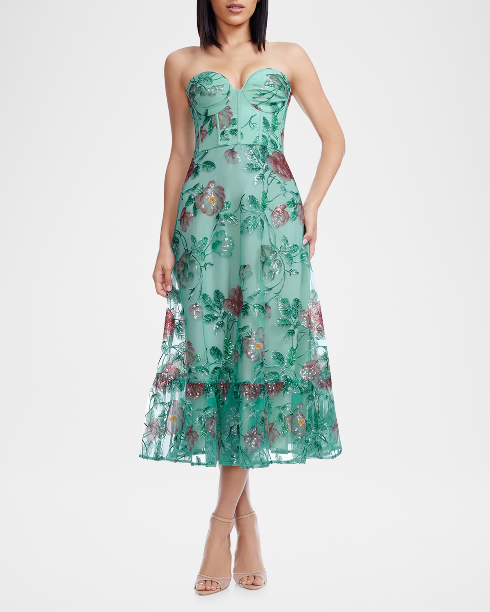 Lauren Flounce Floral Sequin Corset Midi Dress 1