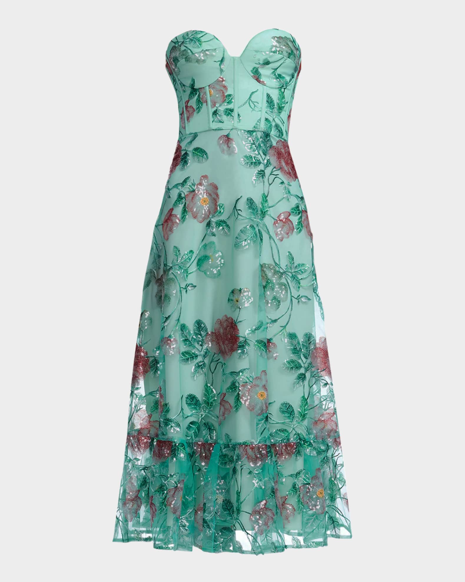 Lauren Flounce Floral Sequin Corset Midi Dress 0