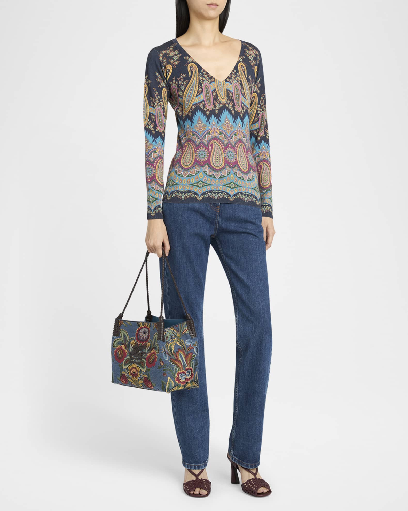 ETRO｜TOTEBAGS (WP1B0001AU022 N0000) Etro Signature Black Embossed Paisley Leather Zippered