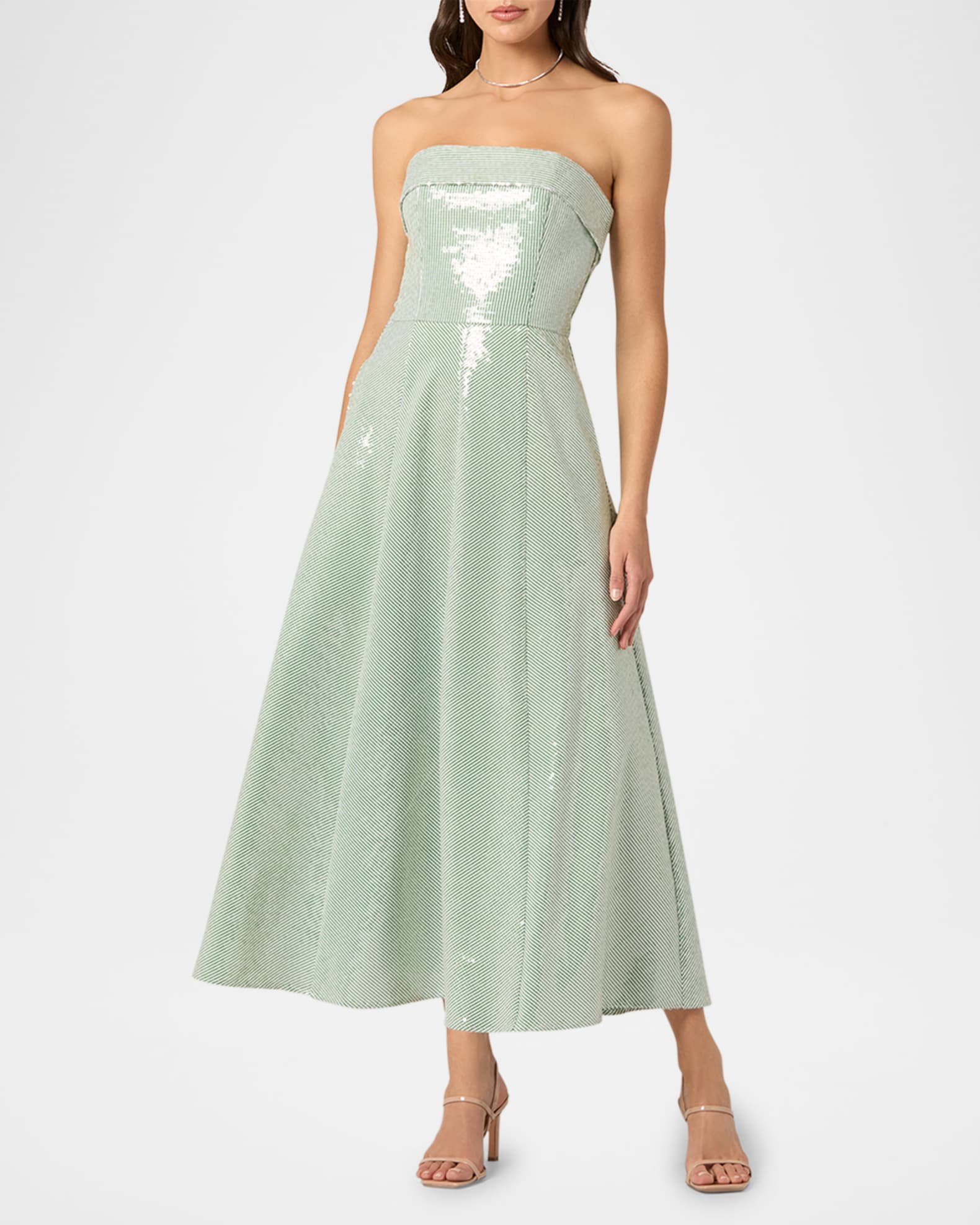 Shoshanna Kirara Strapless Striped Sequin Midi Dress