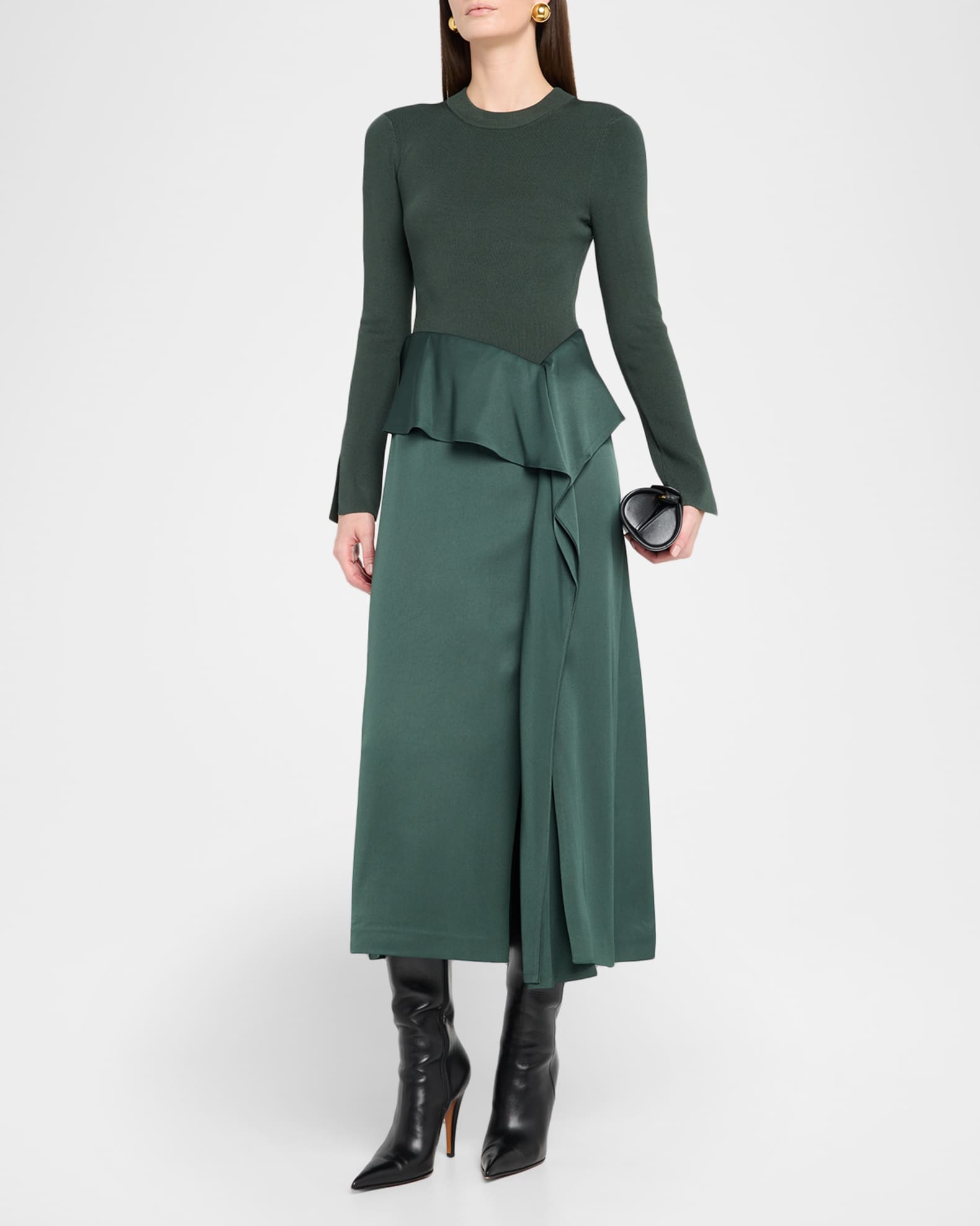 green emerald velvet dress Mixed Media Fit and Flare Sweater Dress – English Factory main image 0