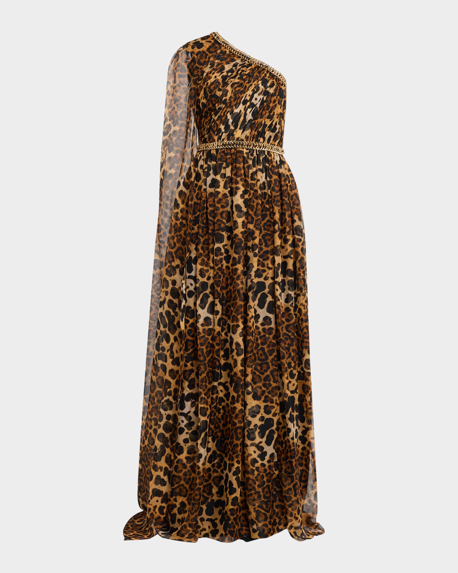 Leopard Chiffon Cape-Sleeve One-Shoulder Gown With Embroidered Belt 0