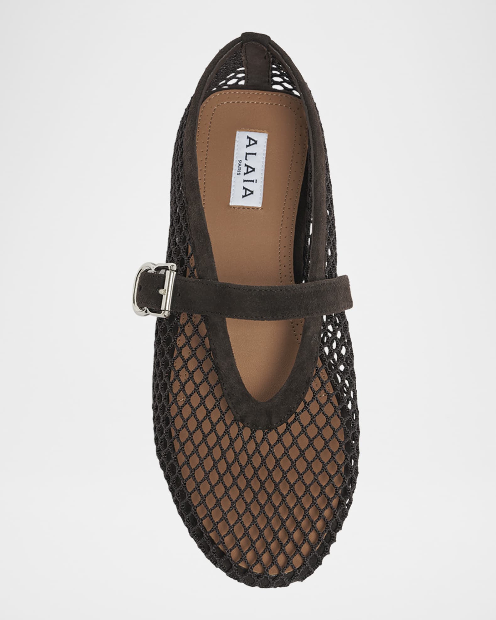 ALAIA Mesh Mary Jane Suede Ballerina Flats | Neiman Marcus