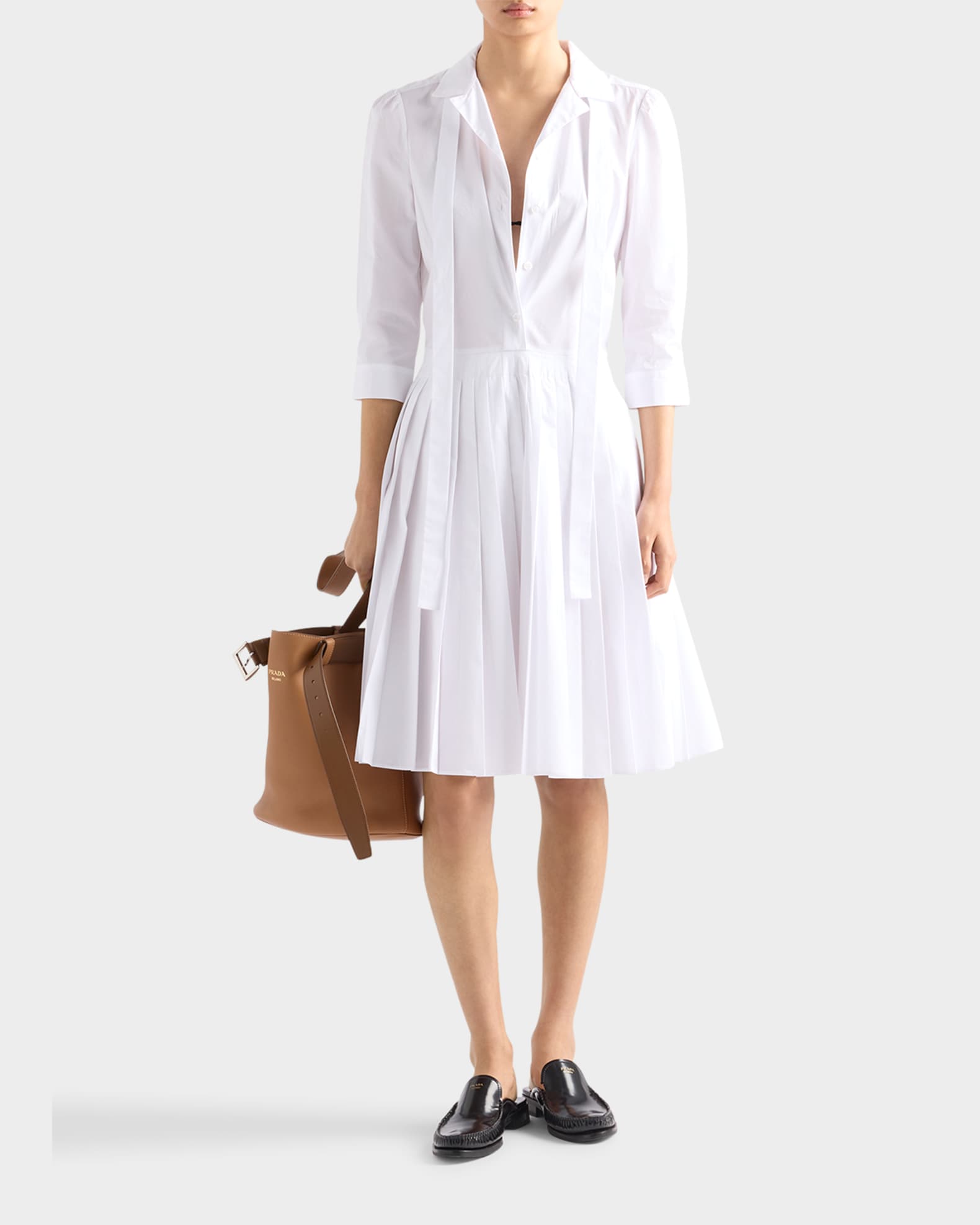Prada Pleated Popeline Neck-Tie Shirtdress | Neiman Marcus