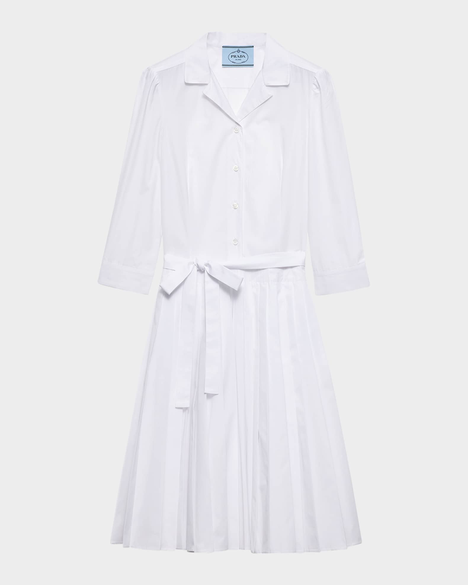 Prada Pleated Popeline Neck-Tie Shirtdress | Neiman Marcus