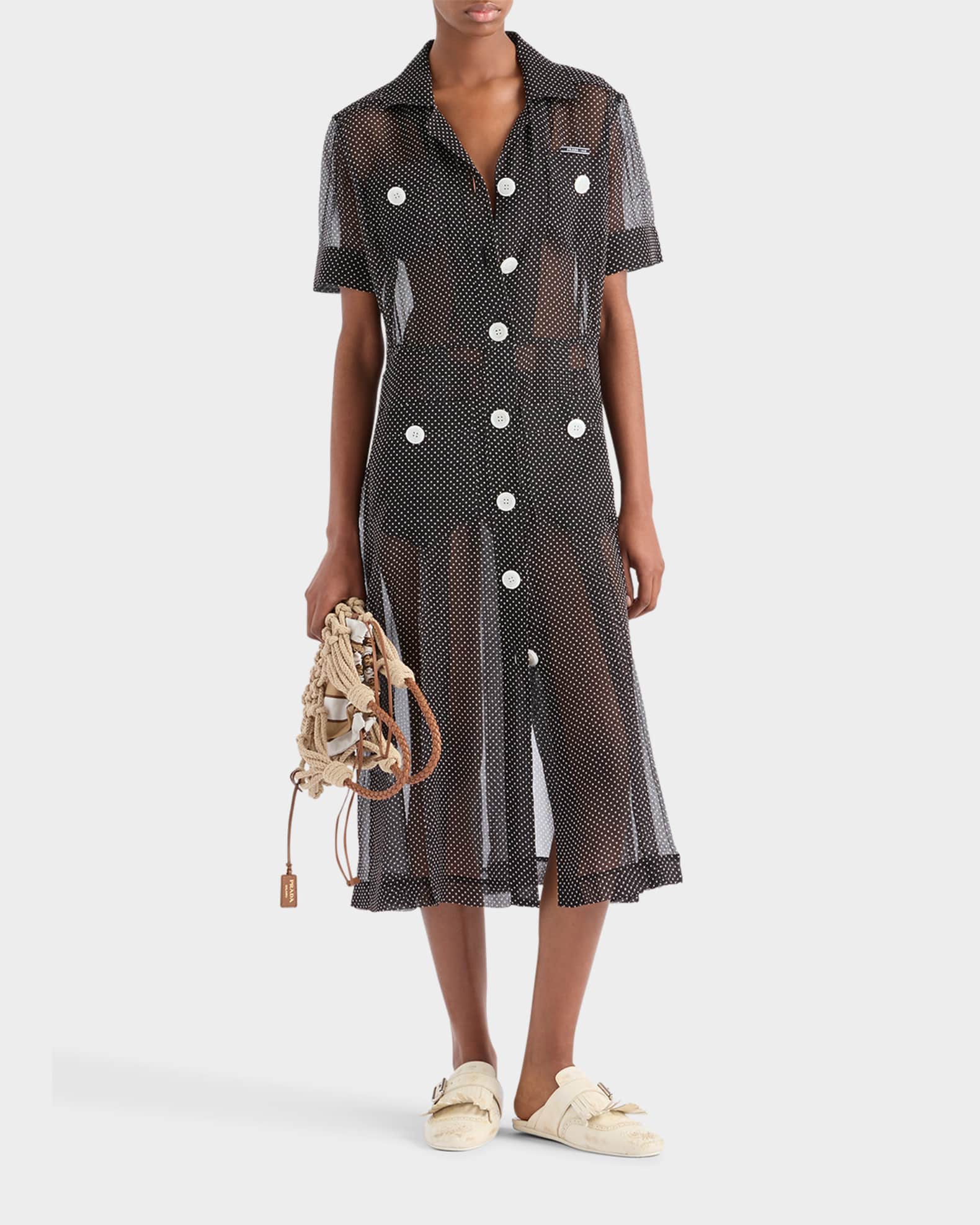 【日本入手困難】Polka-dot silk chiffon shirt dress Black Polka-dot Silk Chiffon Shirt Dress | PRADA