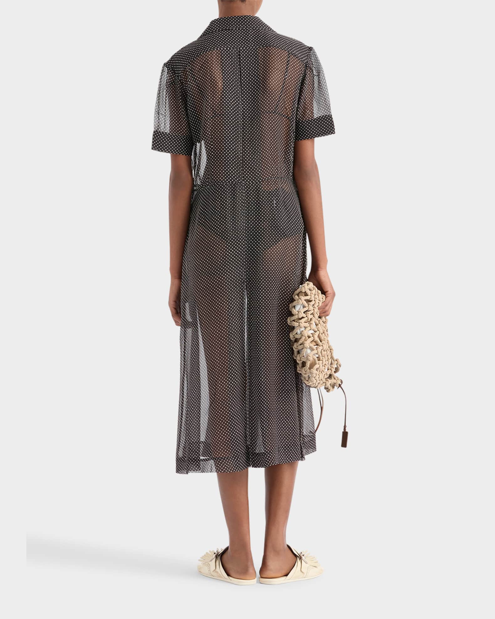 Prada Polka-Dot Chiffon Short-Sleeve Midi Shirtdress
