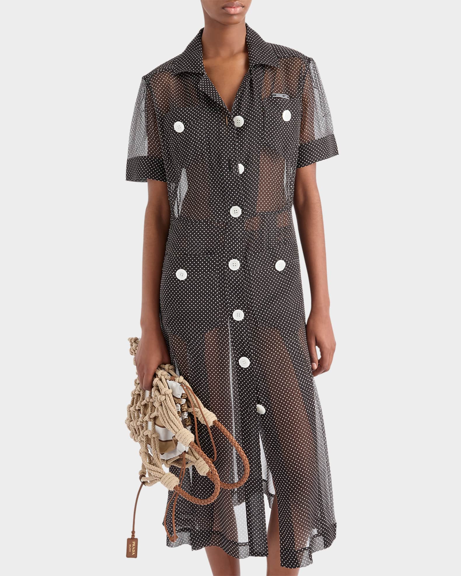 Prada Polka-Dot Chiffon Short-Sleeve Midi Shirtdress