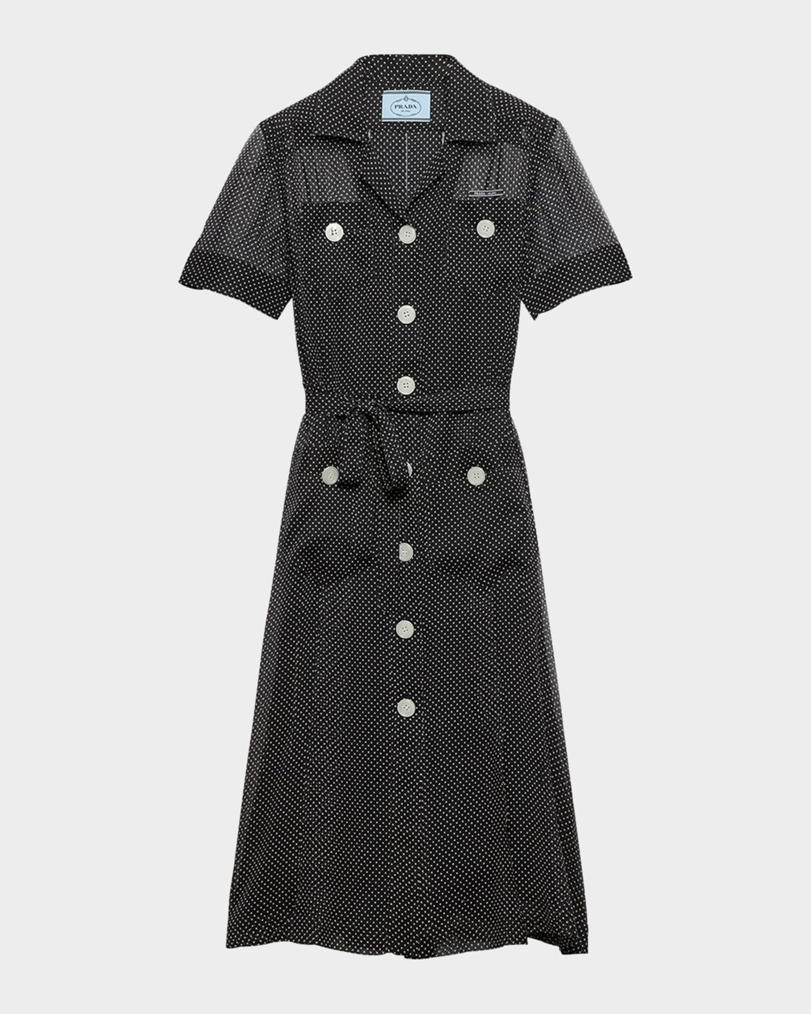 Prada Polka-Dot Chiffon Short-Sleeve Midi Shirtdress
