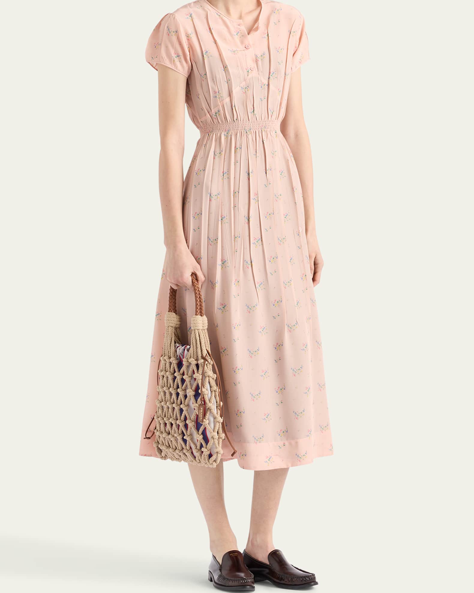 Prada Flower-Print Silk Ponge Short-Sleeve Midi Dress