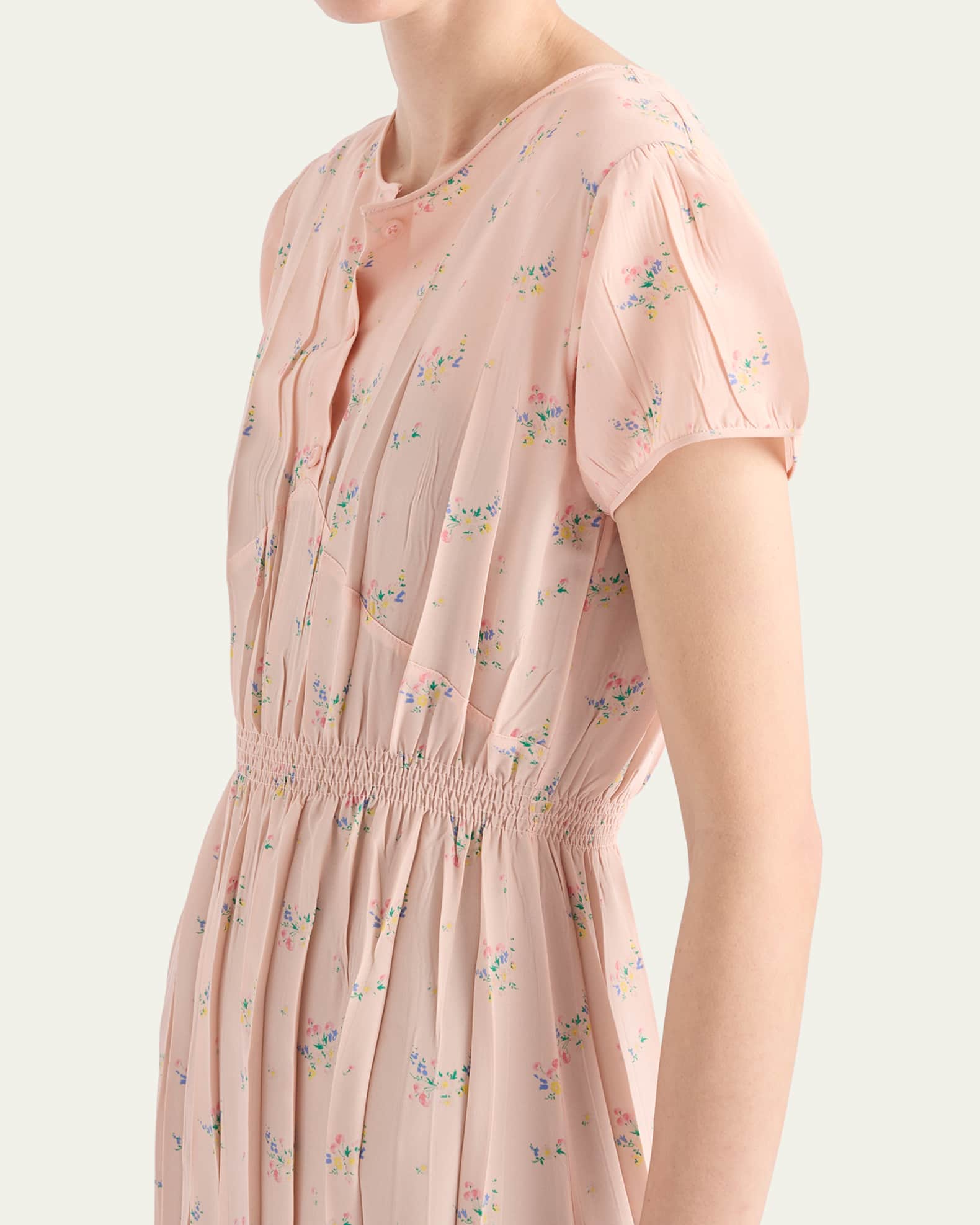 Prada Flower-Print Silk Ponge Short-Sleeve Midi Dress