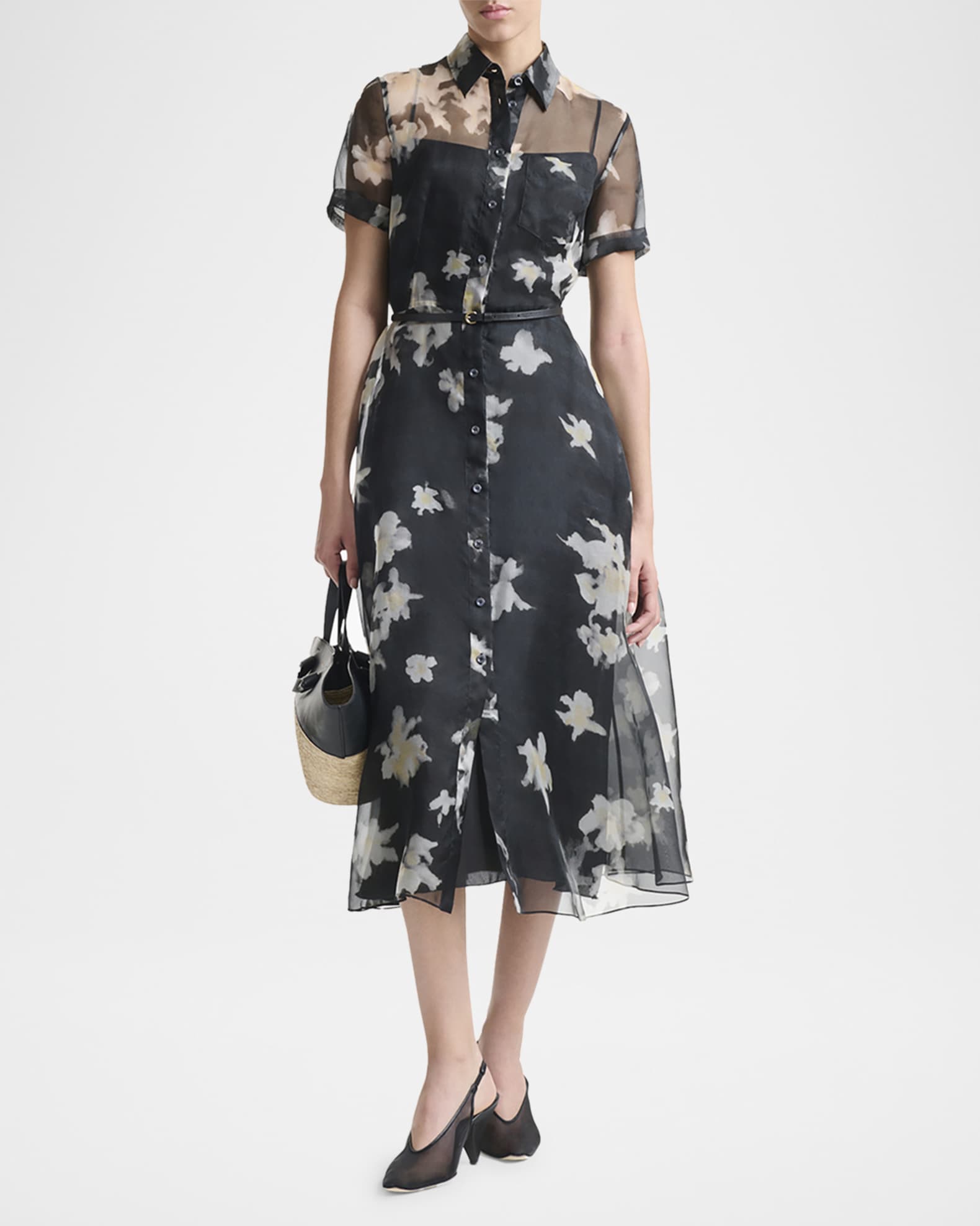 Kiera Floral Sheer Silk Midi Shirtdress 1