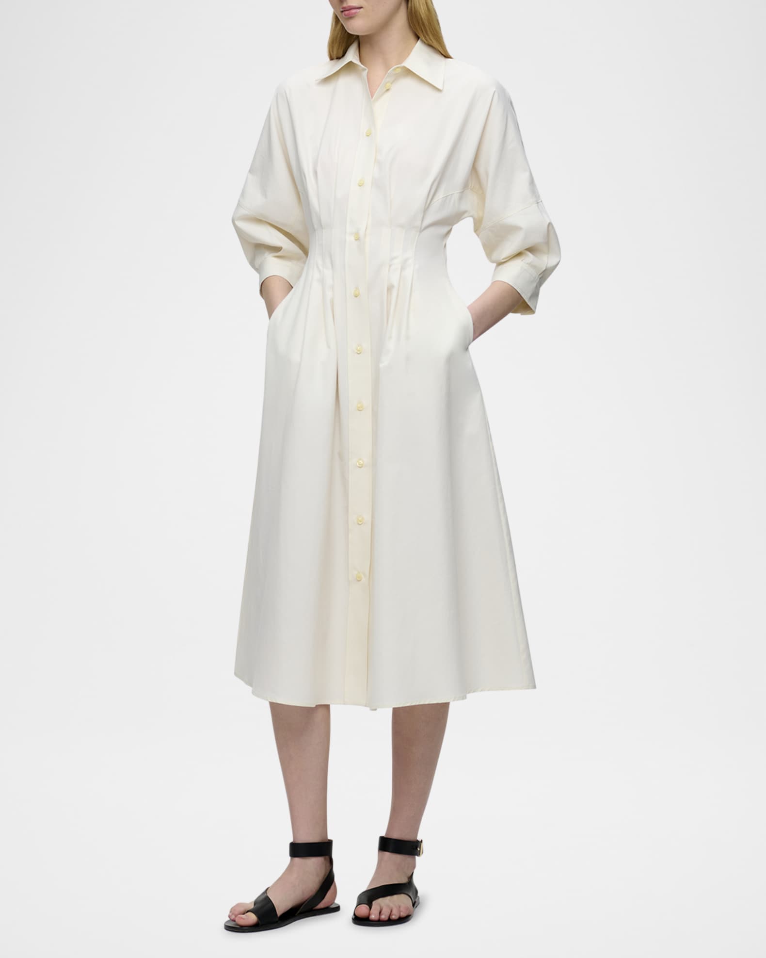 CALLAS Milano Anais Pleated Cotton Midi Shirtdress | Neiman Marcus