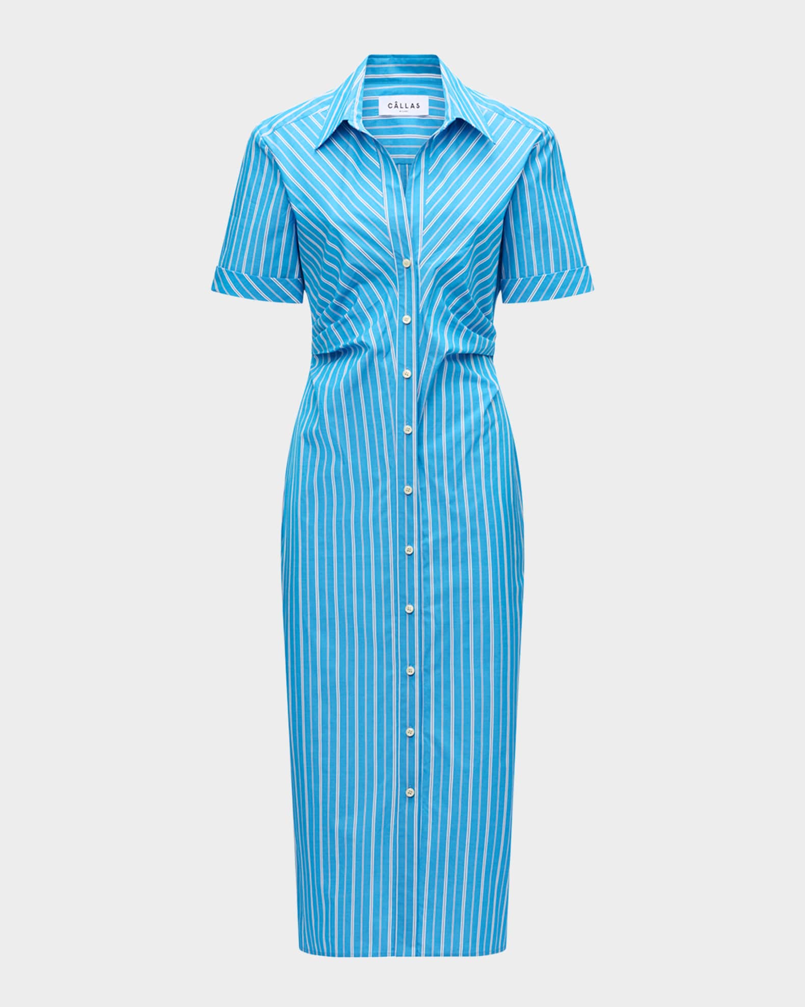 Lou Pleated Striped Cotton Midi Shirtdress 0