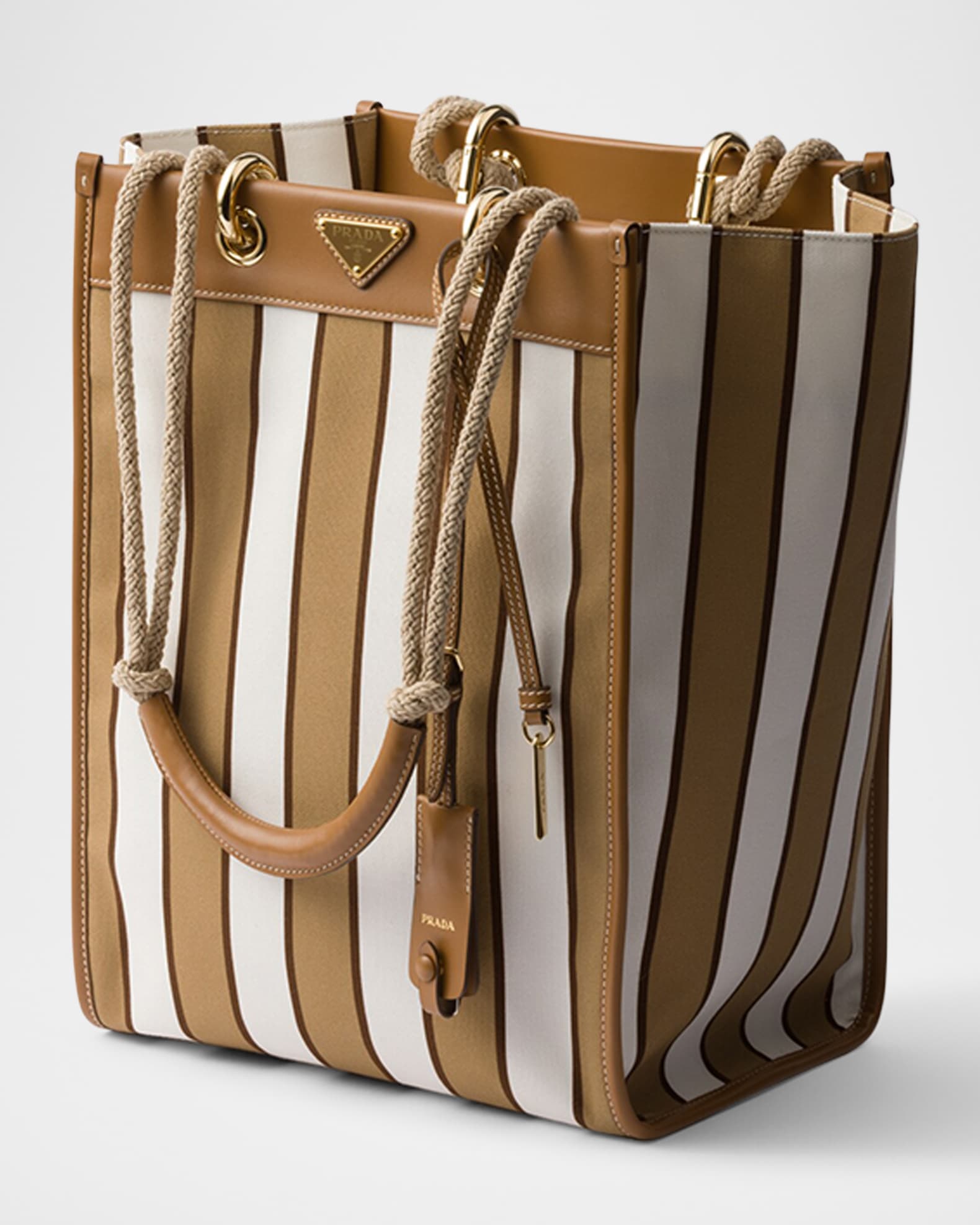 Large Striped Canvas and Leather Tote Bag 1