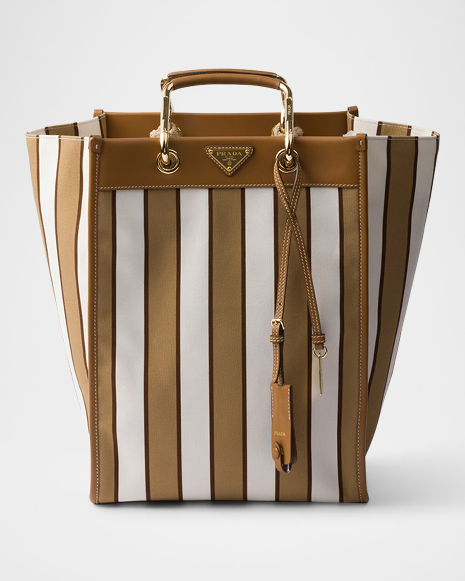 Large Striped Canvas and Leather Tote Bag 0