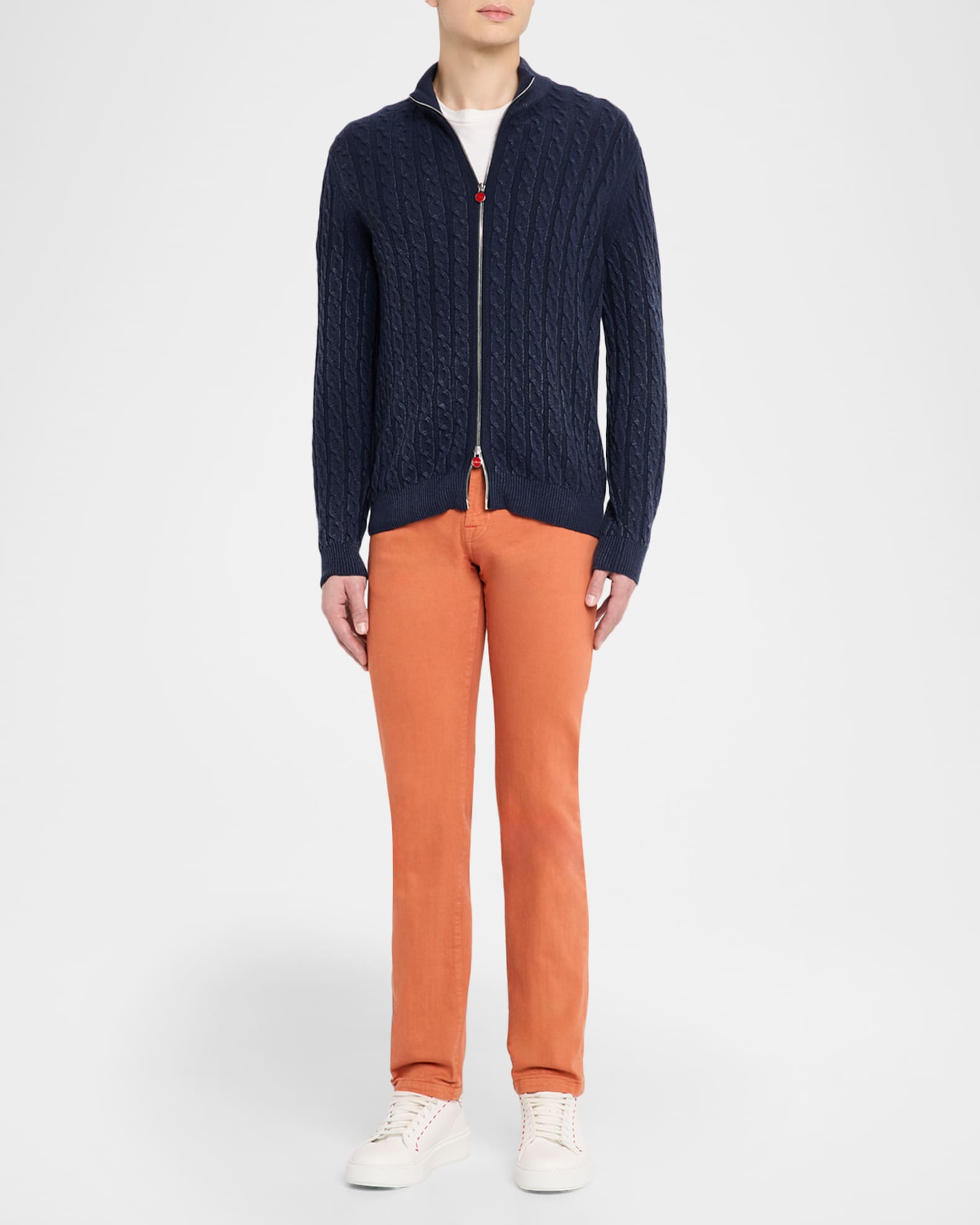 Kiton Men's Washed Cashmere Cable Knit Full-Zip Sweater | Neiman
