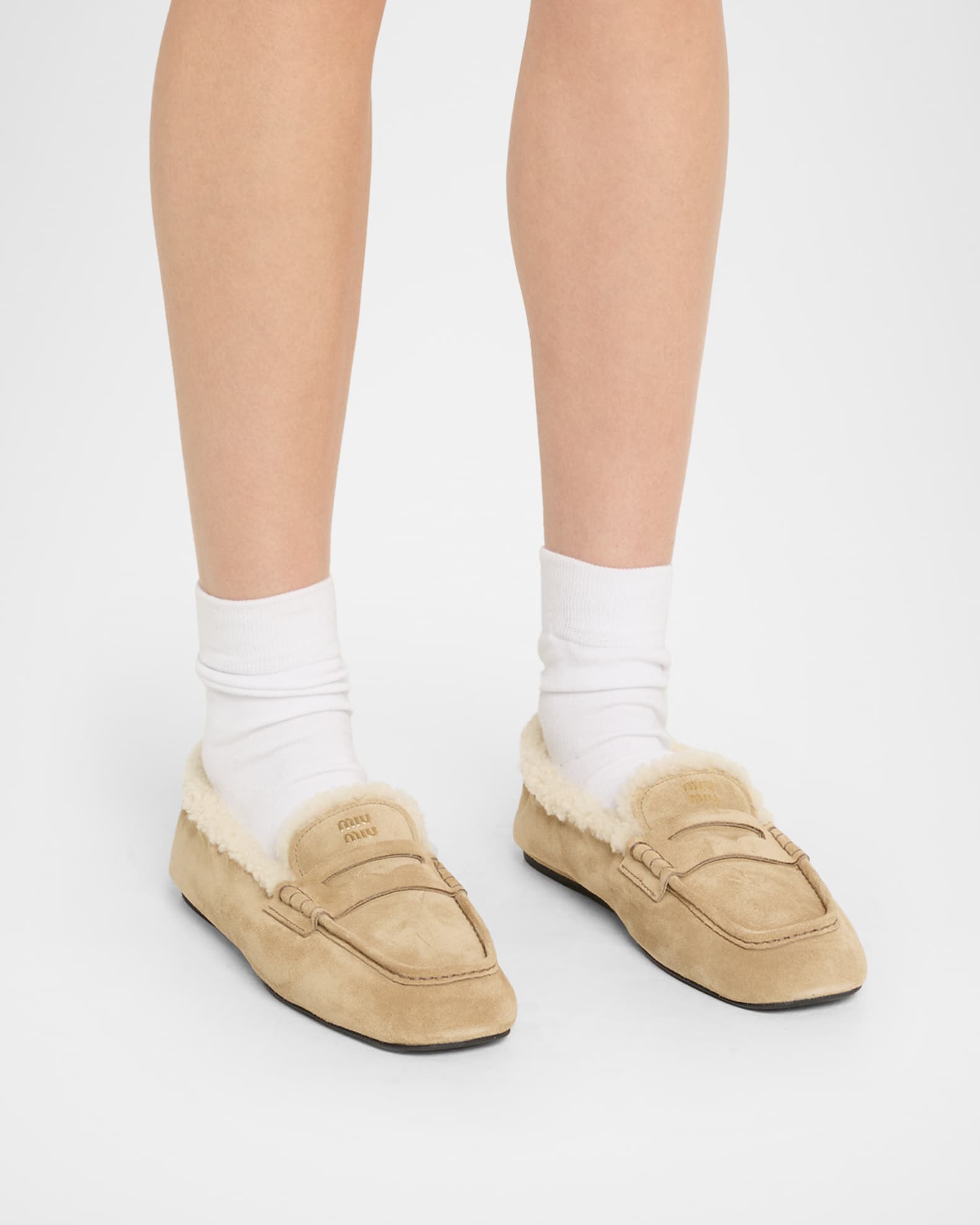 Miu Miu Shearling Lined Suede Penny Loafers | Neiman Marcus