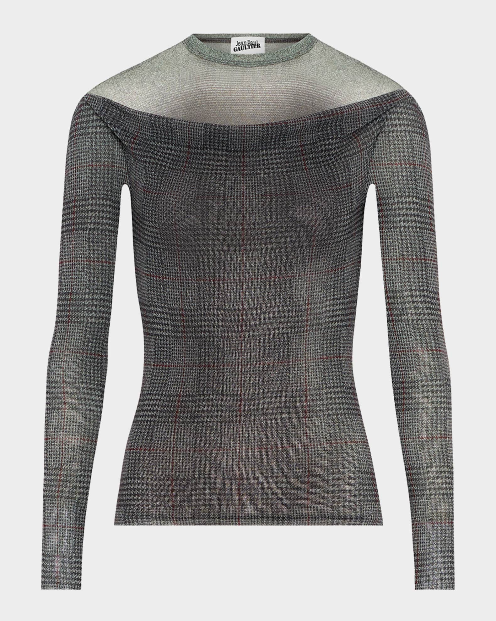 Jean Paul Gaultier Check Layered Mesh Long-Sleeve Top | Neiman Marcus