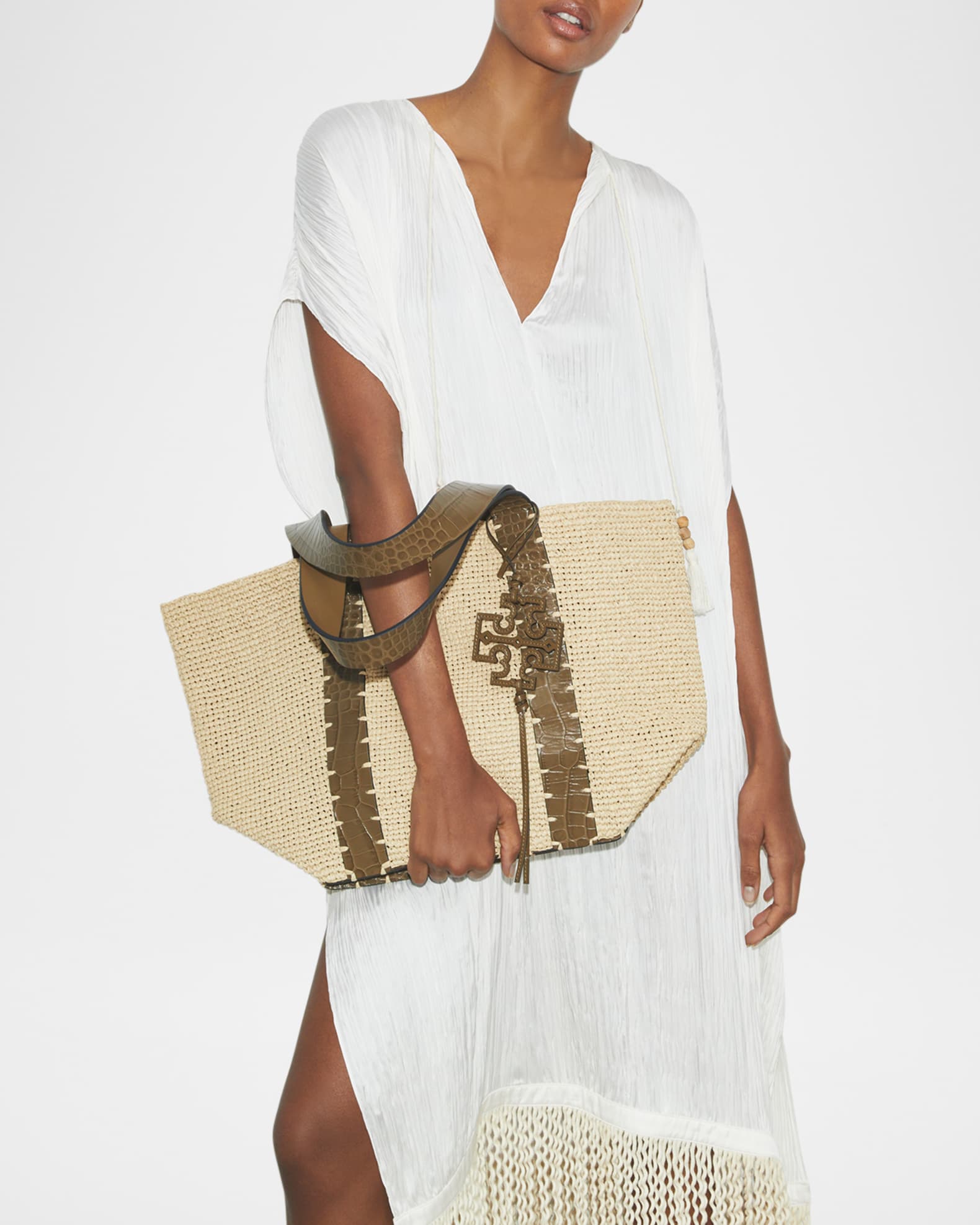 Tory Burch Embossed Leather & Raffia Tote Bag | Neiman Marcus