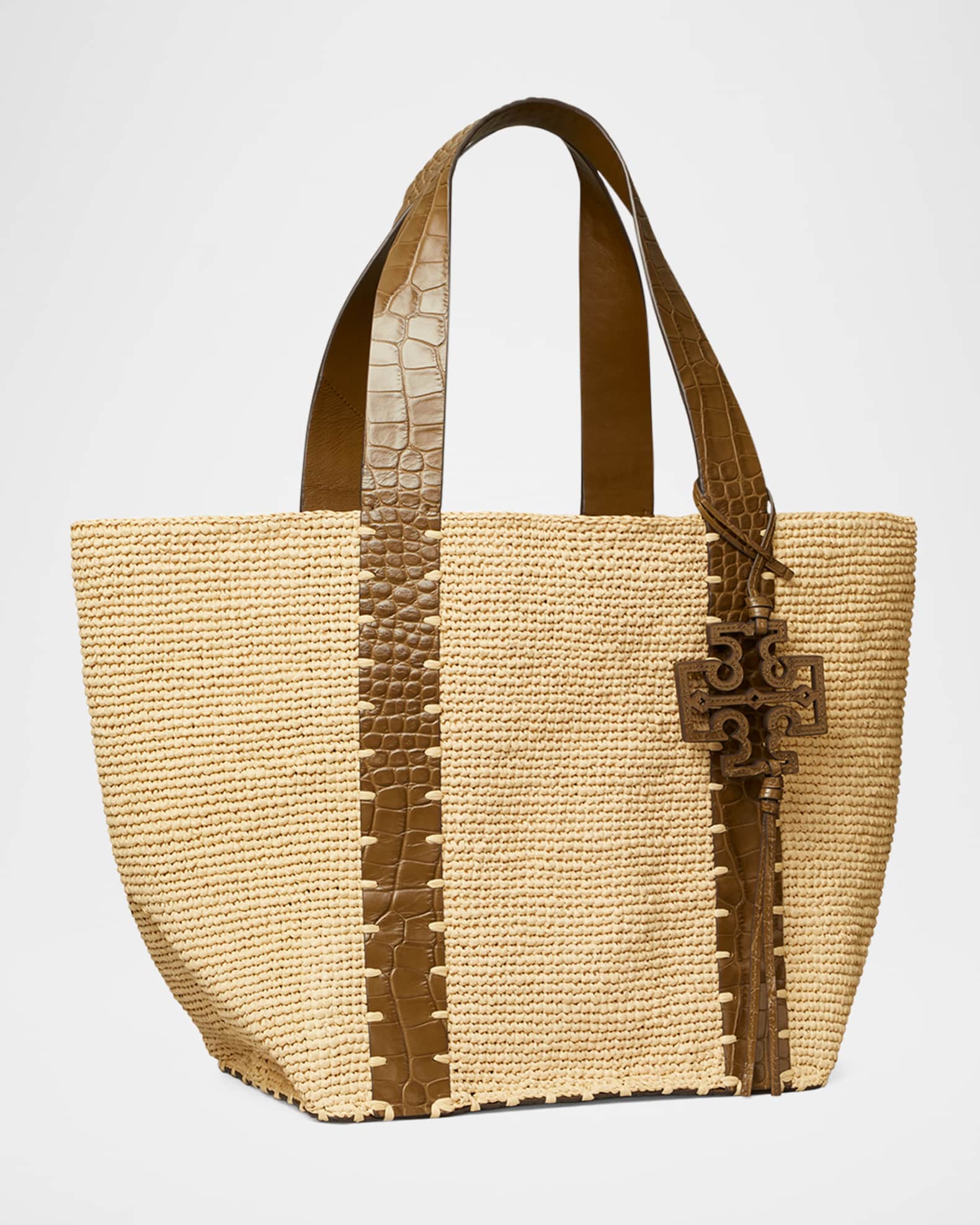 Tory Burch Embossed Leather & Raffia Tote Bag | Neiman Marcus