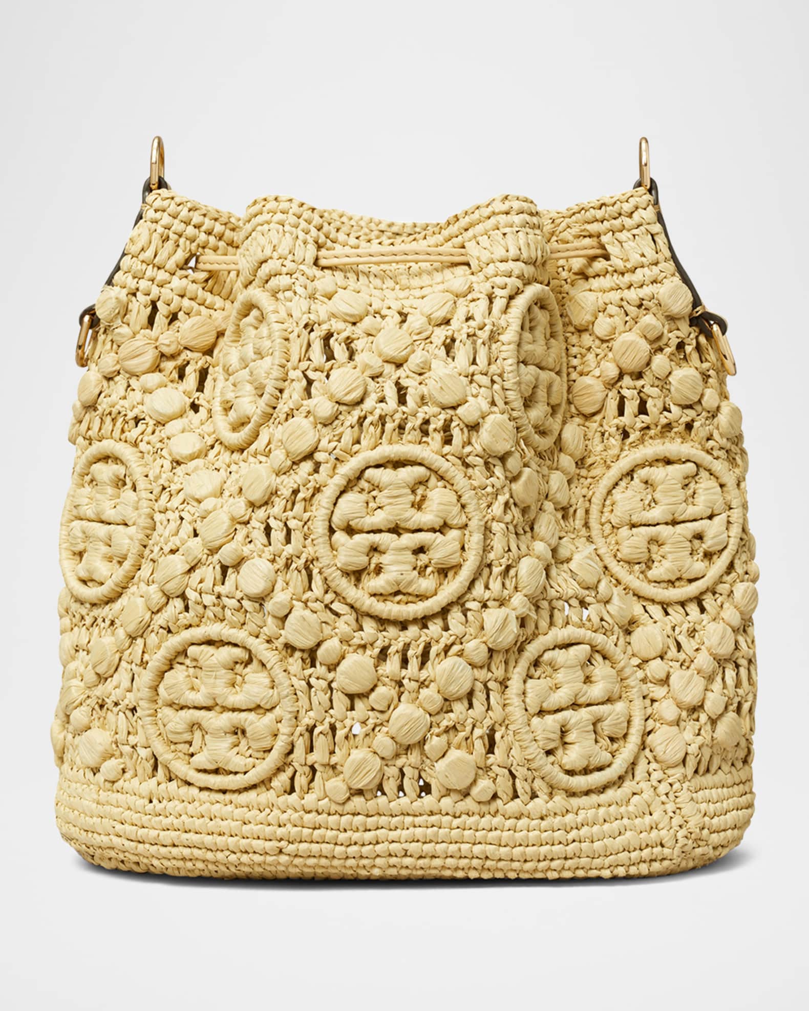 Tory Burch T Monogram Raffia Bucket Bag | Neiman Marcus