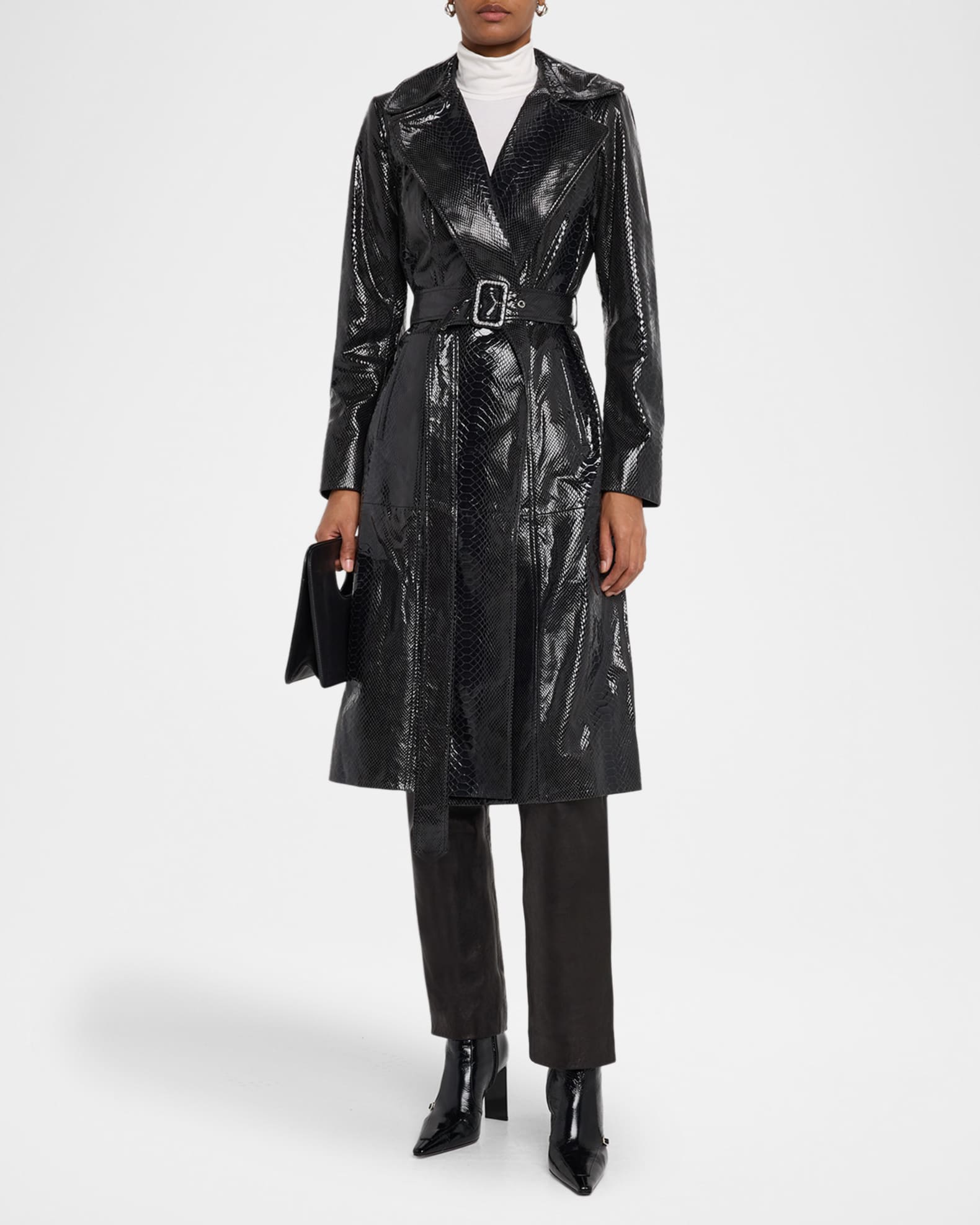 Python-Embossed Metis Suede Belted Trench Coat 1