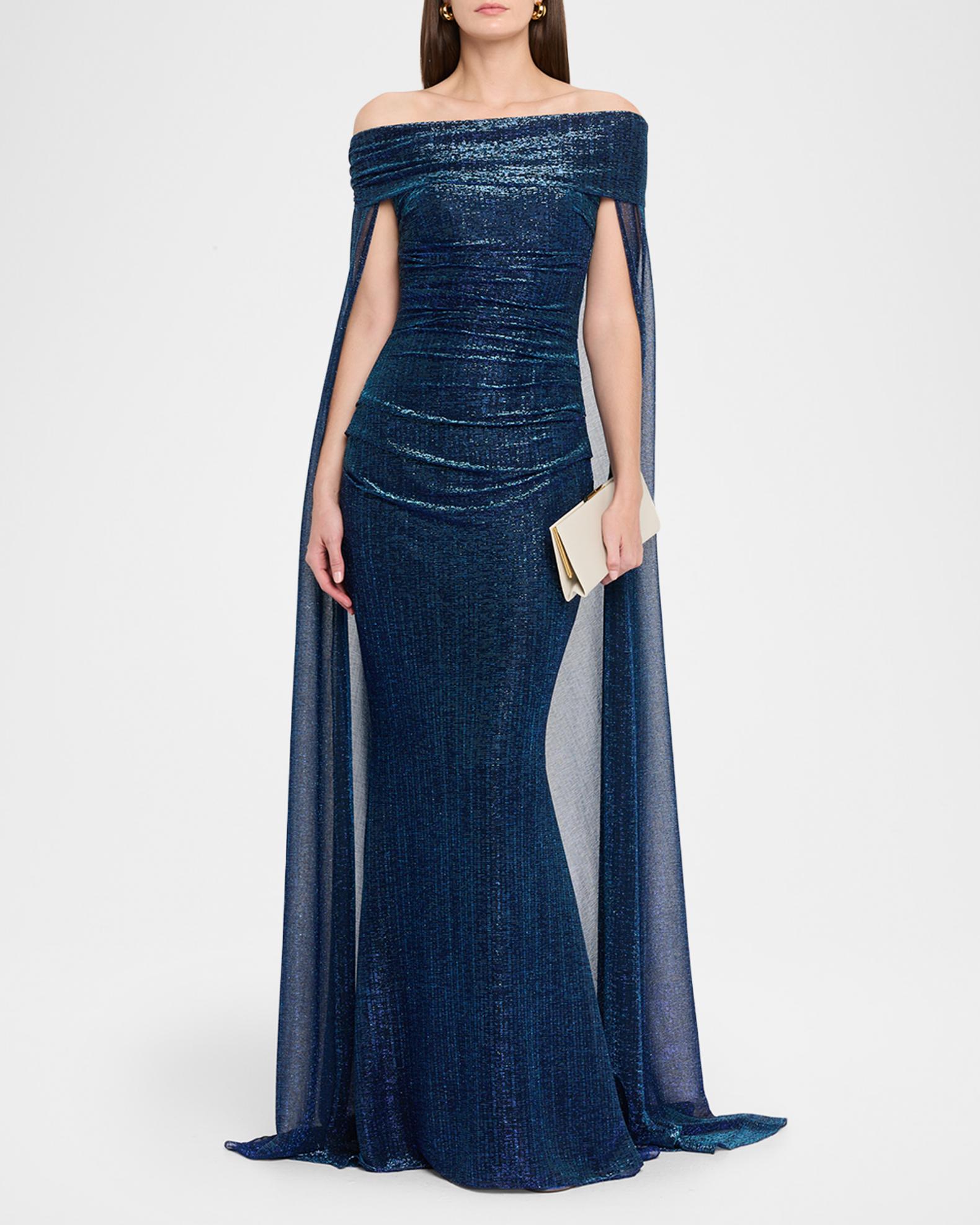Talbot Runhof Metallic Off-The-Shoulder Cape Gown | Neiman Marcus
