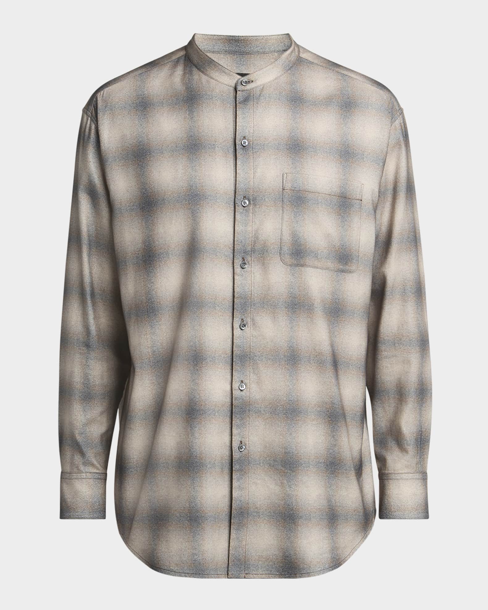 Men's Faded Plaid Cotton and Lyocell Nehru-Collar Sport Shirt 0