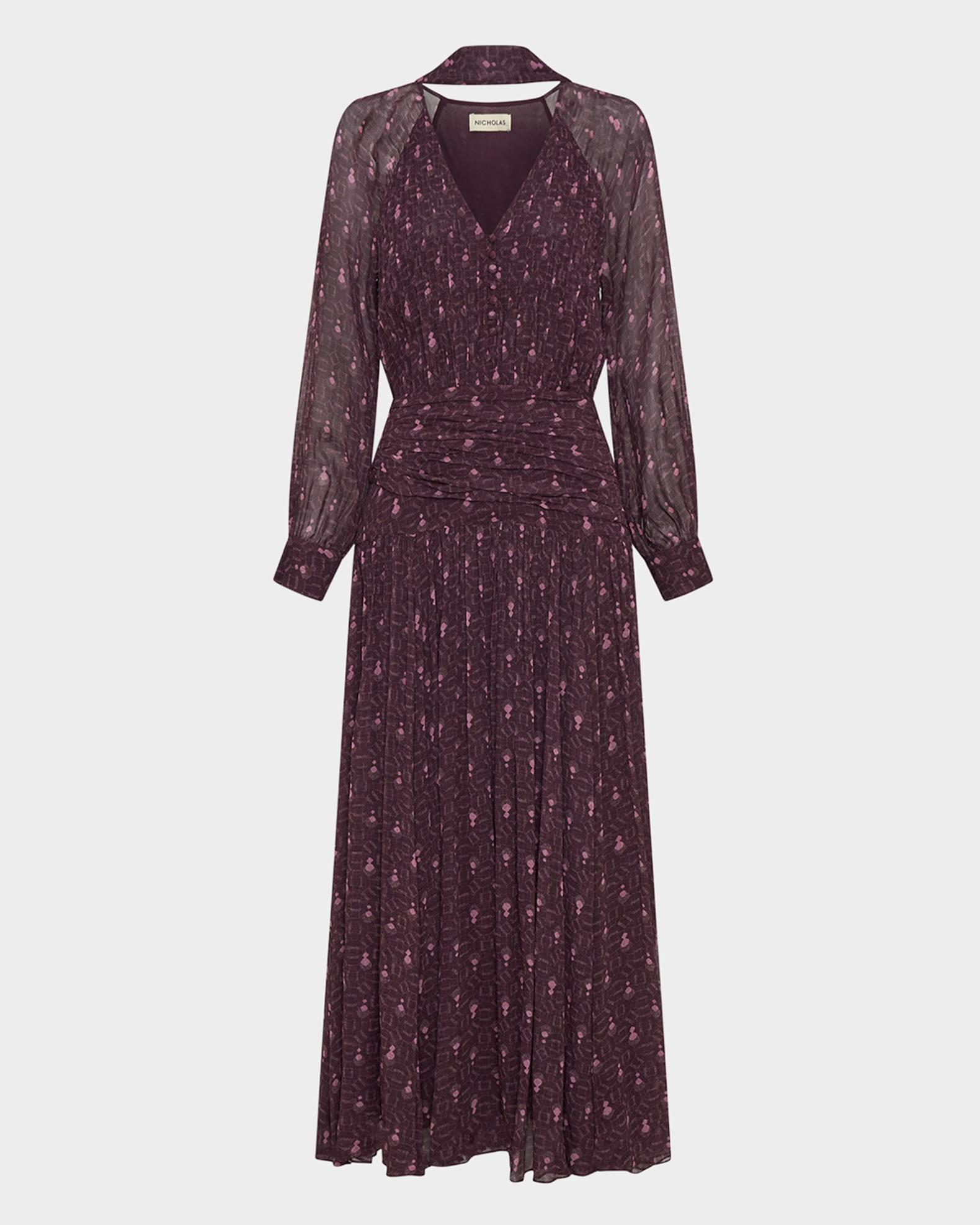 nicholas ruched dress Nicholas Draya Ruched Tie-Neck Viscose Maxi Dress, Purple Pattern, Women's, 2, Casual & Work Dresses Maxi Dresses