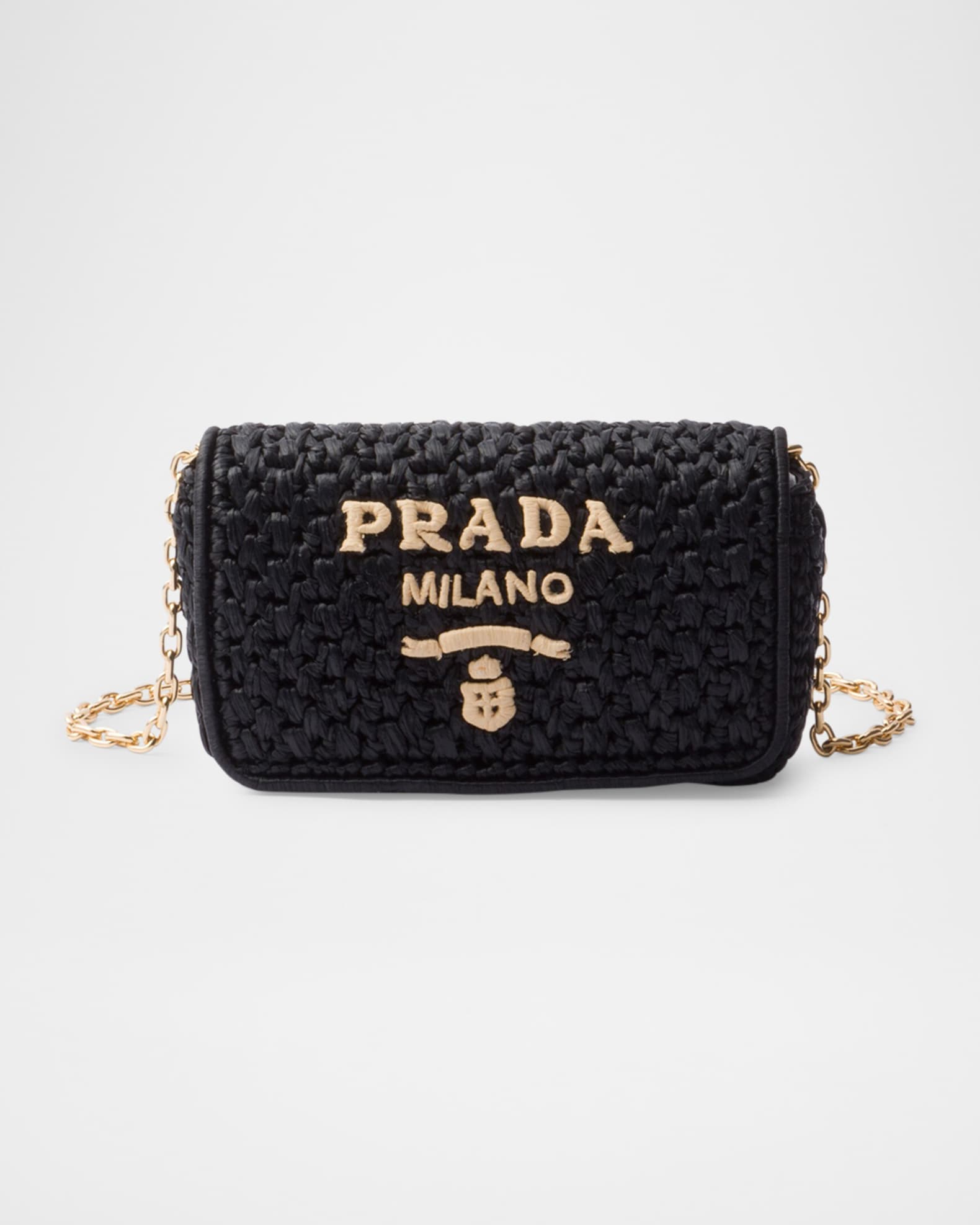 ショルダーバッグ・ポシェット PRADA CROCHET SMALL SHOULDER BAG Small crochet raffia shoulder bag in black - Prada | Mytheresa