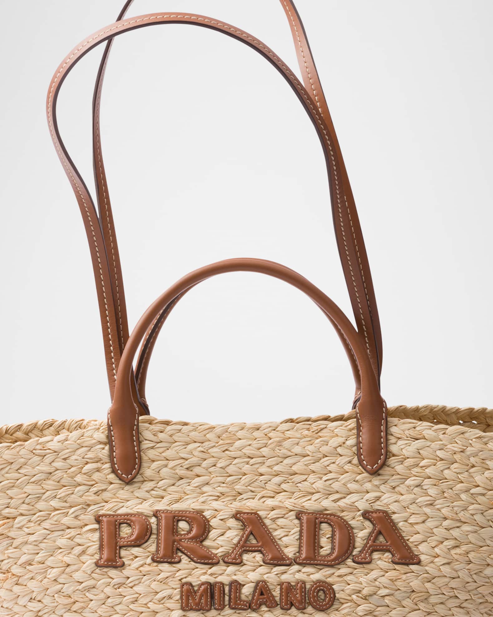 Prada Large Raffia and Leather Tote Bag | Neiman Marcus